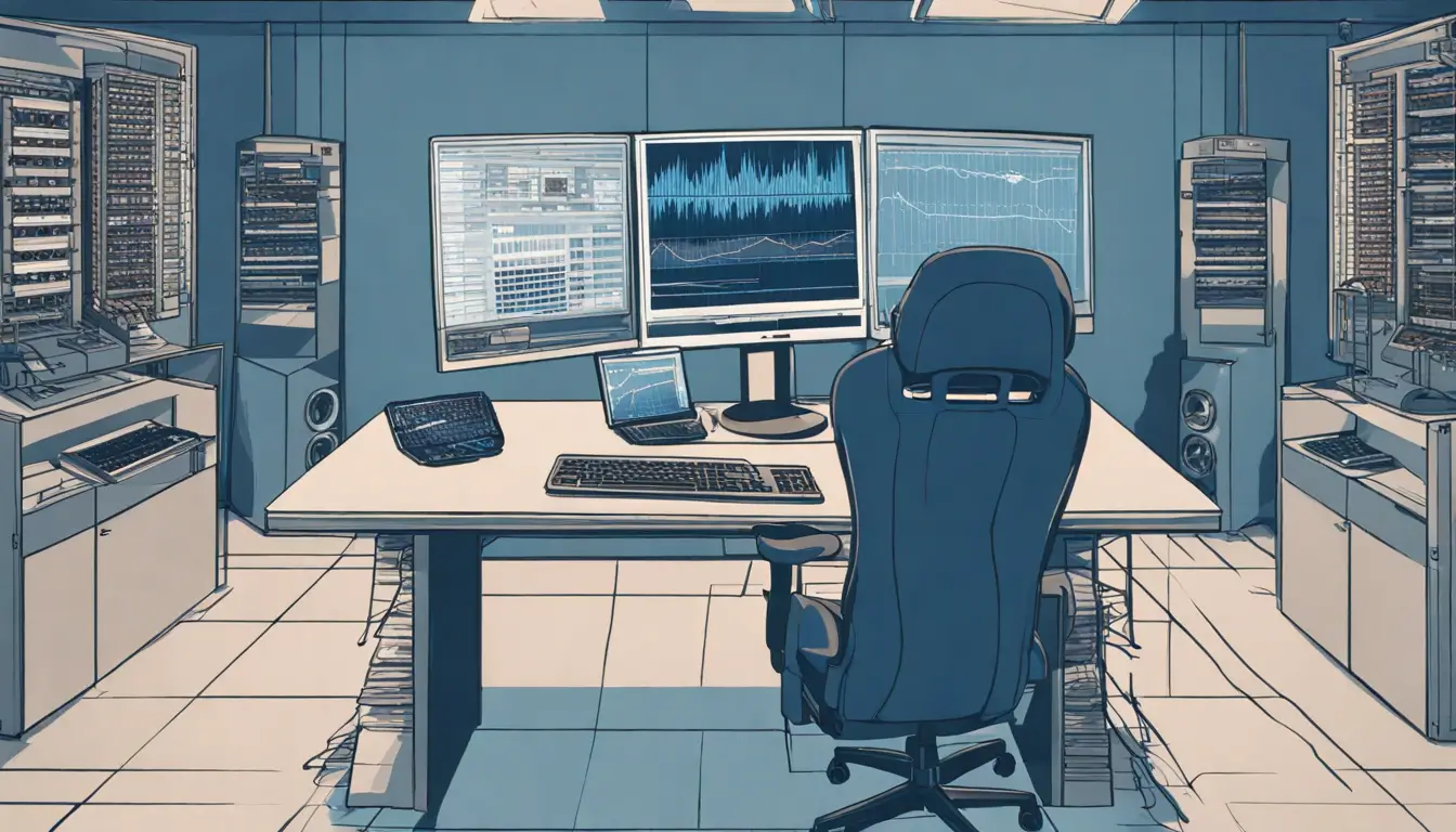 Homem gerenciando ocorrências de condomínio em sala de controle moderna com foco em eficiência e tecnologia.