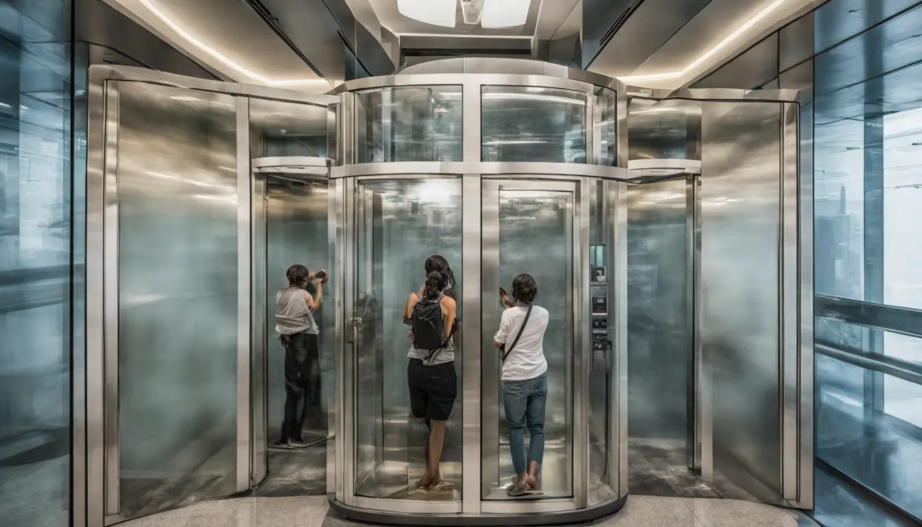 Imagem mostrando um elevador moderno com moradores assistindo a um noticiário em uma tela de TV, representando entretenimento e informação.