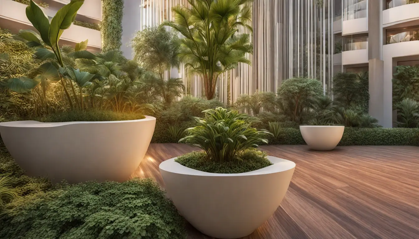 Ferramentas de jardinagem e plantas floridas ilustram o cuidado com jardins condominiais, destacando a importância da manutenção para beleza e saúde do ambiente.