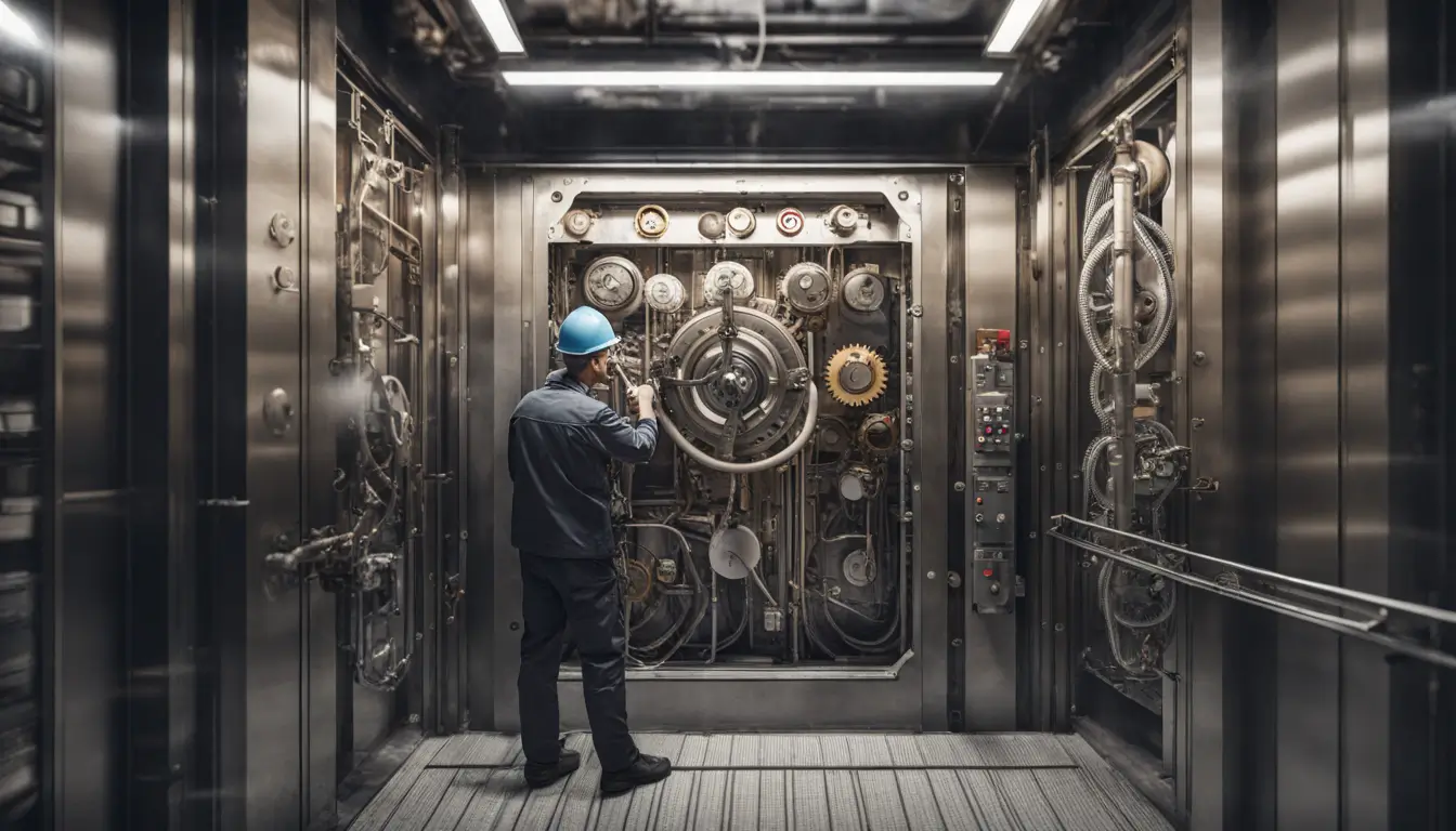 Engenheiro mecânico inspecionando os mecanismos internos de um elevador em condomínio, destacando painel de controle e engrenagens visíveis.