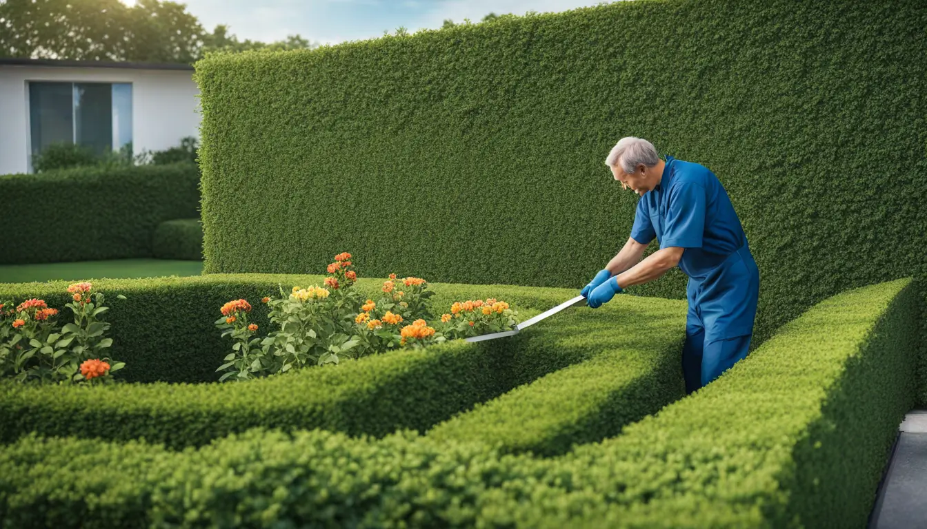 Jardineiro em uniforme azul podando uma sebe bem cuidada em jardim de condomínio, com caminhos e flores coloridas ao fundo.