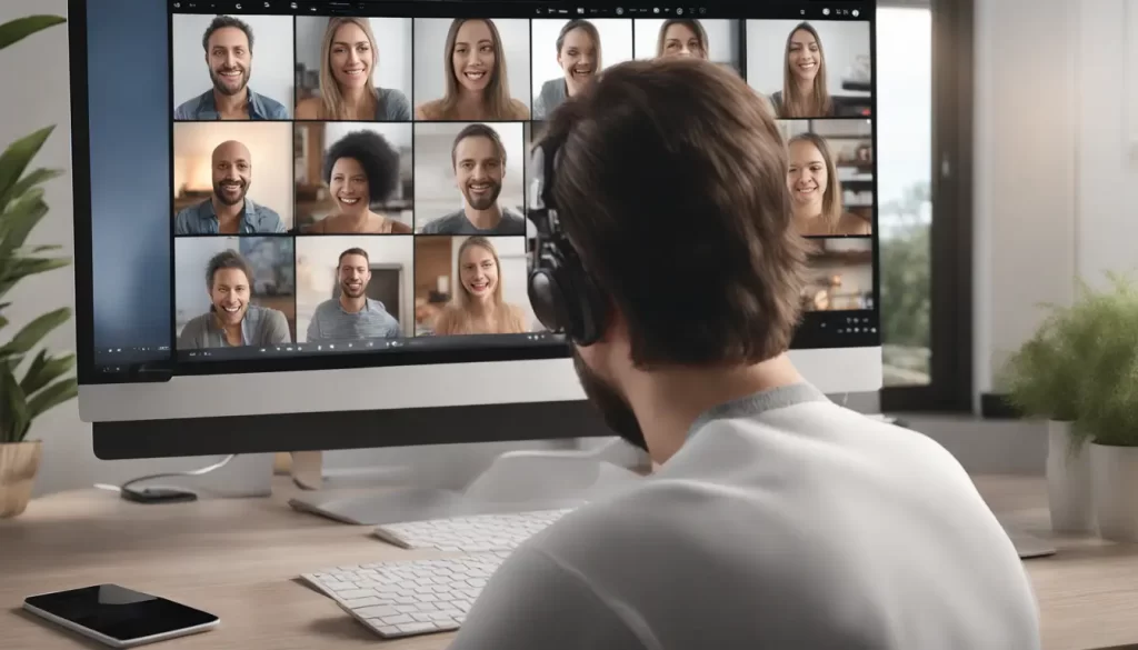 Tela de computador exibindo videoconferência com várias pessoas e ferramentas de reunião, com imagem de um condomínio moderno ao fundo.