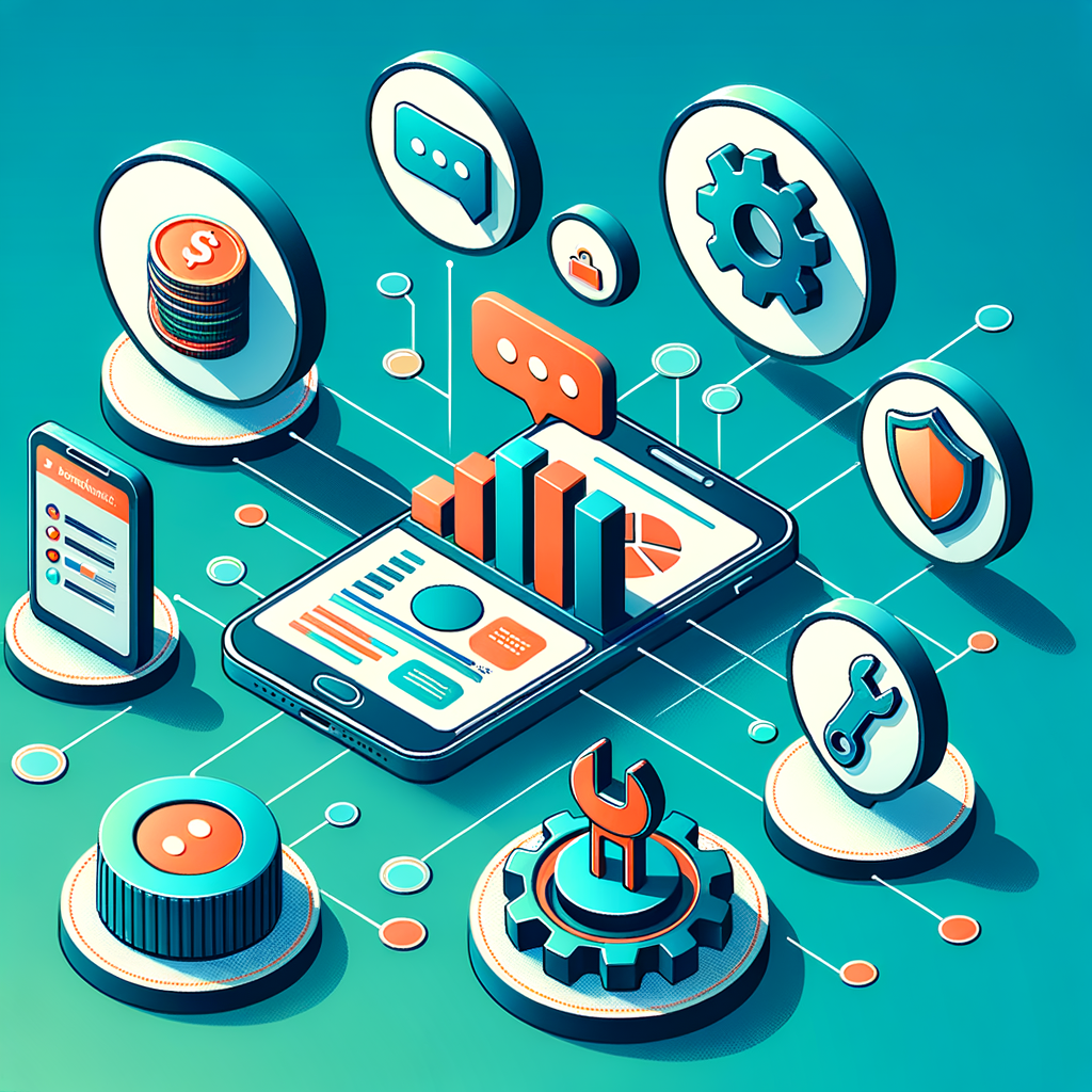 Create a clean, modern flat-vector illustration: In the middle, there is a sleek smartphone or tablet screen exhibiting a simplified dashboard. Circling it are five floating icons interconnected by delicate network lines. These icons represent specific concepts: a chat bubble for communication, a stack of coins or a bar chart for finance, a wrench and gear for maintenance, a shield or padlock for security, and a checklist or ballot box for transparency and decisions. The illustration employs a vibrant color palette with shades of teals, blues, oranges, and greens. The perspective is isometric or slightly angled to suggest the ideas of efficiency and organization.