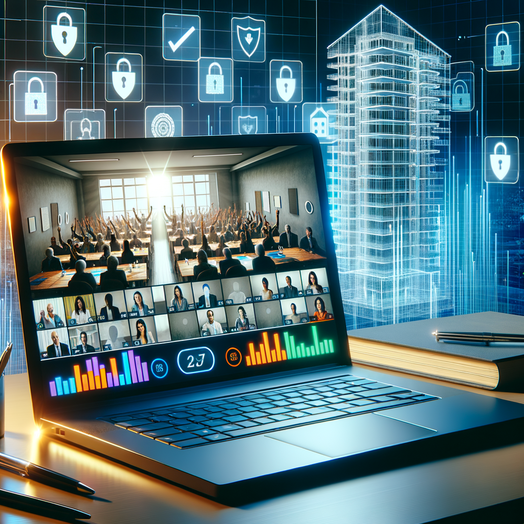 A luminous, contemporary home office setting features an open laptop resting on a smooth desk displaying a grid of condominium dwellers partaking in an online meeting. Visible on the screen are some users raising their hands, illuminated voting buttons, and vibrant bar charts revealing voting outcomes. The backdrop of the scene intensifies the theme of safety and legal legitimacy with a semi-transparent blueprint of a condominium structure and hovering security symbols such as padlocks and shields.