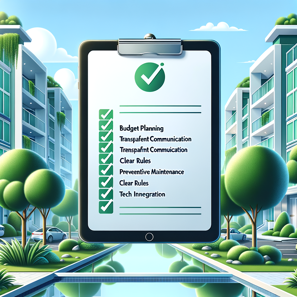 Make a detailed vector illustration in high resolution featuring a smooth, contemporary clipboard or tablet. This device is displaying a well-arranged checklist with green tick marks next to each task. These tasks include budget planning, transparent communication, preventive maintenance, clear rules, and tech integration. In the backdrop, there should be an image of a modern, well-maintained condominium engulfed in lush landscaping and gentle daylight. The colors should be a mix of white, light blue, and green, embodying a clean, professional aura, and the overall style should be minimalistic and flat-design.