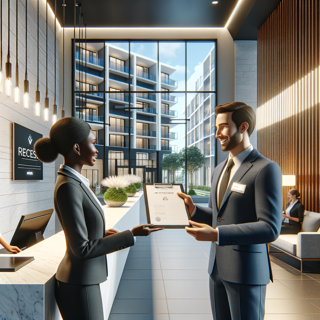Visualize a brightly lit, contemporary condominium lobby. The scene represents two professionals, an outgoing manager who is a Black woman holding a clipboard, handing a slim file folder with a company logo to the incoming manager, a Hispanic man, who receives it with an air of confidence and a friendly smile. The background reveals a meticulously tended courtyard garden and the polished exterior of the condo building through large glass windows. The interior design emphasizes minimalism, with clean lines, indoor plants, a reception desk equipped with a digital touchscreen display, and subtle condo signage. The general atmosphere that the picture portrays is one of order, optimism, encapsulating a facilitating transition and utmost professionalism.