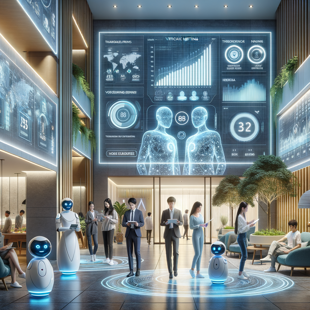 Picture a future-oriented condominium scene representing a harmonic blend of technology and cozy living. The lobby exhibits sleek, high-tech features such as translucent holographic screens showing financial graphs, virtual meeting extracts, and building-wide announcements. Friendly artificial intelligence-based security robots are on duty in the corridor. Residents, expressing a variety of descents such as Hispanic, East Asian, and Middle Eastern, are shown engaging with transparent touch-pad devices and using voice-activated chatbots. Walls are also integrated with responsive smart panels. A touch of nature is maintained with lush indoor plants, all of this under the soft glow of cool blue-white ambient illumination.