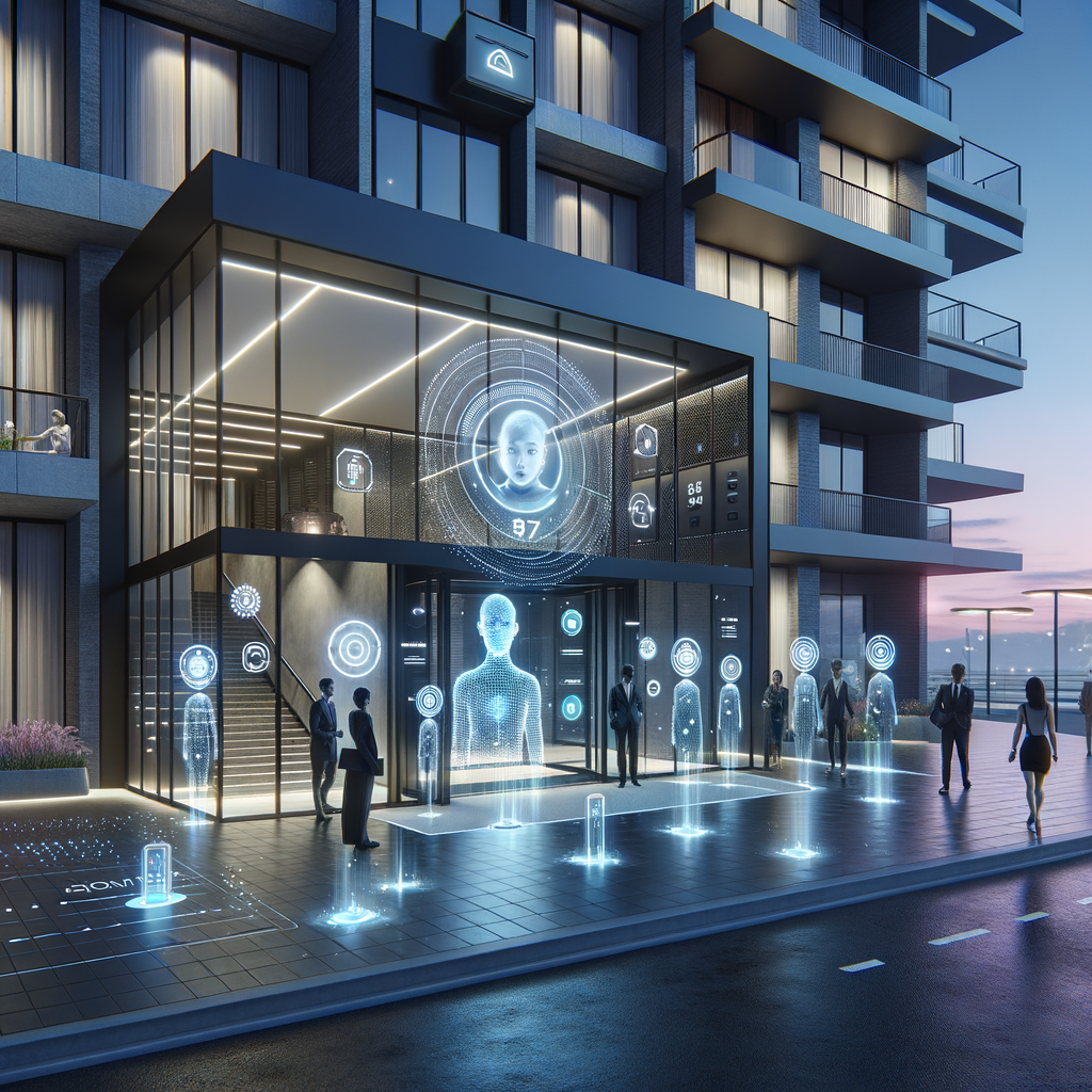 Generate a high-resolution, photorealistic illustration of a sleek, futuristic condominium lobby and exterior during dusk. The scene includes features such as AI-powered facial recognition cameras subtly positioned at the entrance gate, smart energy panels and digital displays decorating the façade of the building, displaying real-time power usage. Illustrate residents, of diverse genders and descents, engaging with holographic virtual assistants projected from their smartphones. Additionally, depict discreet IoT sensors on walls and ceilings indicating predictive maintenance. The entire scene is bathed in soft, cool-tone lighting with subtle neon highlights, serving as a testament to advanced technology and safety. The overall mood to capture: efficient, security, and modern living powered by artificial intelligence.