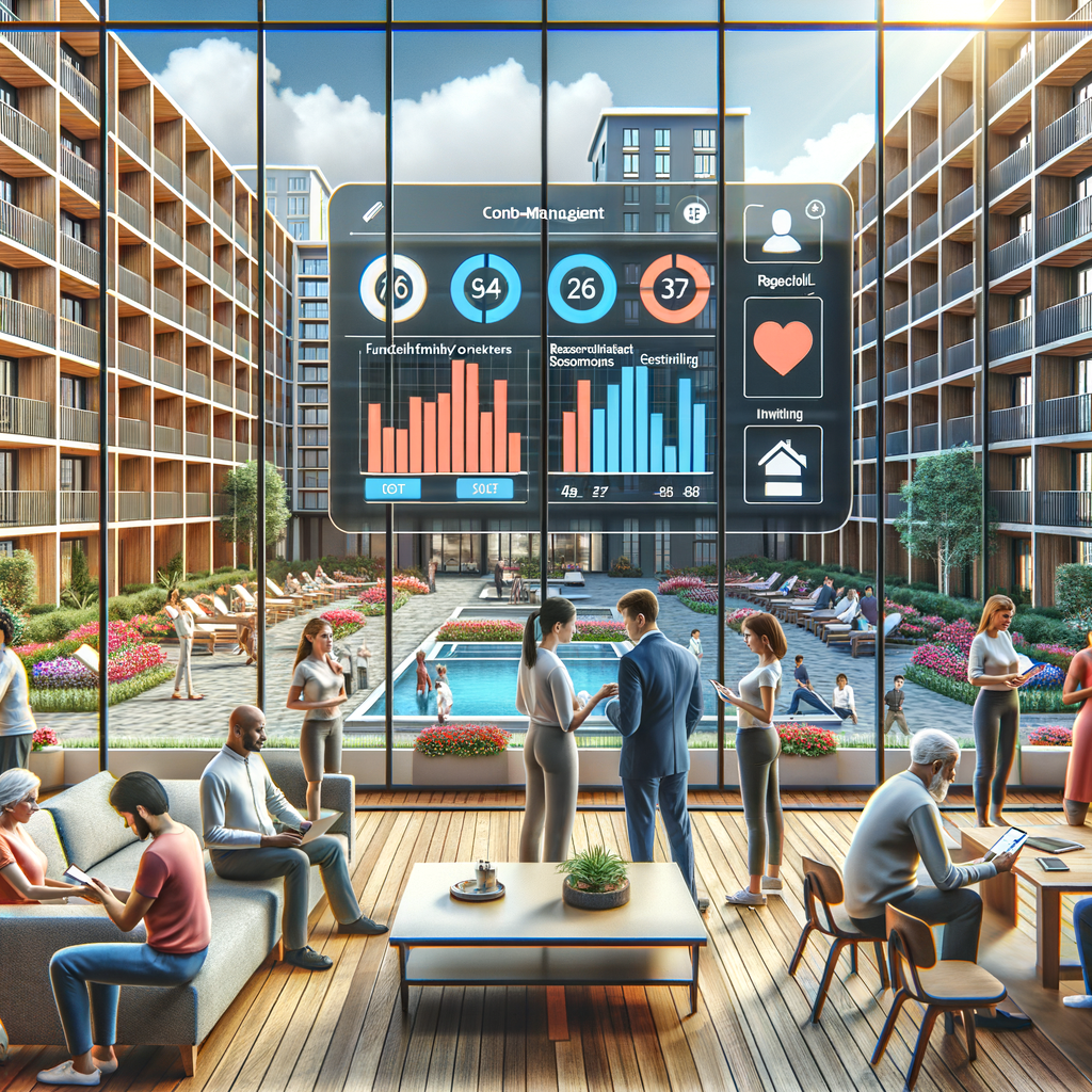 Picture a contemporary condominium panorama seen from the viewpoint of the lobby and courtyard area. There are residents of various descents such as Hispanic, Caucasian, and South Asian involved in a social gathering. Among them, a Caucasian male property manager engages with the residents by showing them a functional condo-management application on their digital devices like smartphones and tablets. This app dashboard boasts vibrant bar graphs, concise financial overviews, efficiently organized reservation calendars and pulsing notifications. The entire scene is flushed with comforting natural light. This image is requested to be a detailed digital illustration.