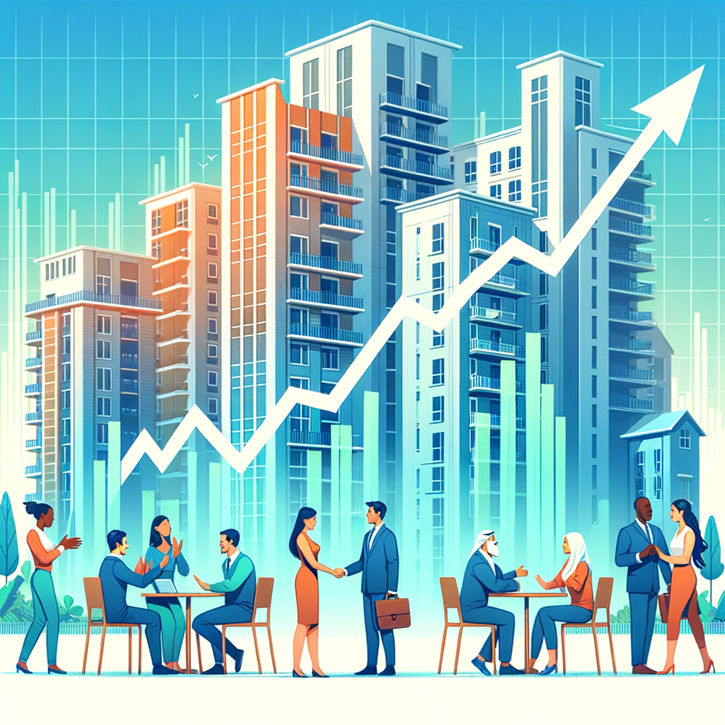 Generate a bright, modern illustration of a condominium complex situated in the backdrop. Project a sizable ascending financial graph overlaid at the forefront. In the front layer, depict interactions among the residents—A Caucasian man and a Middle-Eastern woman high-fiving, a Hispanic woman and a South Asian man in a handshake, and an African man engaging in a group discussion with a White woman. Their expressions should be cheerful, symbolizing unity and financial health. Utilize vibrant, hopeful colors and sleek lines. The overall style should range from flat to semi-realistic, underlining community wellness and economic victory.