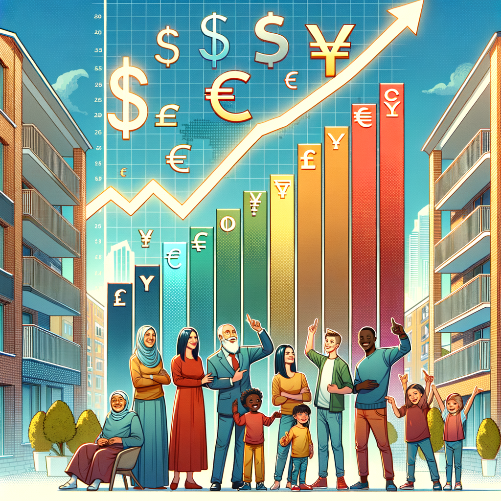 Produce a polished vector-style illustration showcasing a steadily ascending bar graph at the center, adorned with symbols of various world currencies, against a scene of contemporary residential flats. In the forefront, a range of apartment inhabitants including a Caucasian man and a Middle-Eastern woman in their forties, a Black teenager, and a South Asian child are pointing towards and expressing joy at the chart. Incorporate bright, hopeful hues, definitive strokes and an evenly weighed composition that communicates fiscal prosperity and societal wellness.