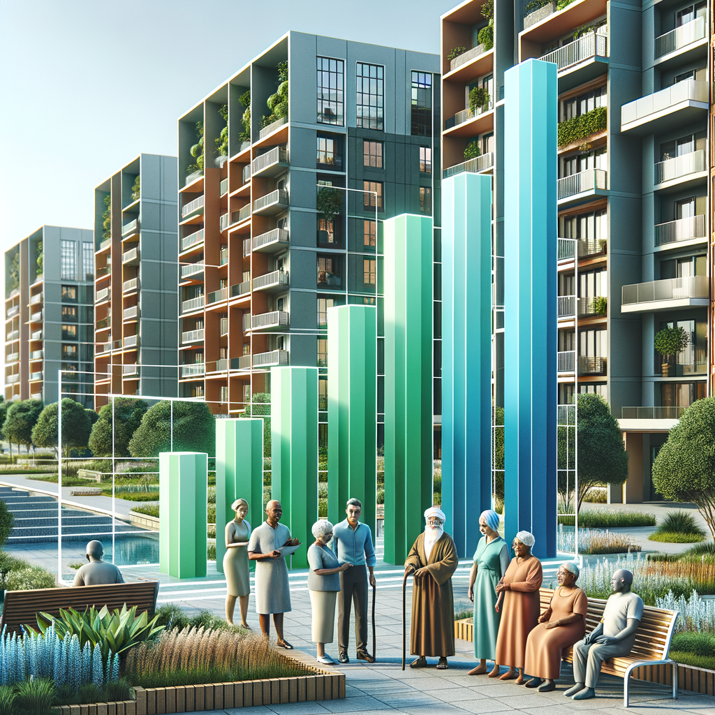 High-resolution digital illustration of a modern condominium complex seen from the street level. In the foreground, there is a semi-transparent 3D bar chart signifying financial statistics. The bars are depicted in tones of green and blue, reducing gradually from left to right. Near the landscaped gardens and benches, residents of differing ages and multiple descents are seen cheerfully engaging in conversation. The inhabitants include an elderly Middle-Eastern man, a young Hispanic woman, a Caucasian child, and a Black gentleman. The color palette is bright and hopeful, defining a clean, contemporary style which signifies stability and unity within the community.