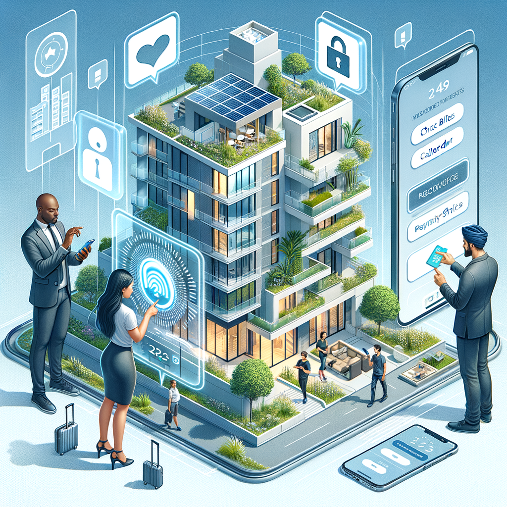 Create a high-resolution digital illustration of a sleek, modern condominium environment imbued with technology. In the foreground, a Caucasian woman, a Black man, and a Middle-Eastern man are actively engaged with their smartphones and tablets: a resident uses a biometric access terminal, another reserves the rooftop lounge, and the third reviews condo finances in a custom application. Floating holographic icons such as chat bubbles, calendar, payment slip, security shield hover around them to signify integrated digital services. The background is adorned with a contemporary condominium building, equipped with solar panels, decorated with greenery, and large glass windows. Use an aesthetic that is clean and minimalist, incorporating soft and bright colors, and illustrating the scene from an isometric perspective in a 16:9 format.