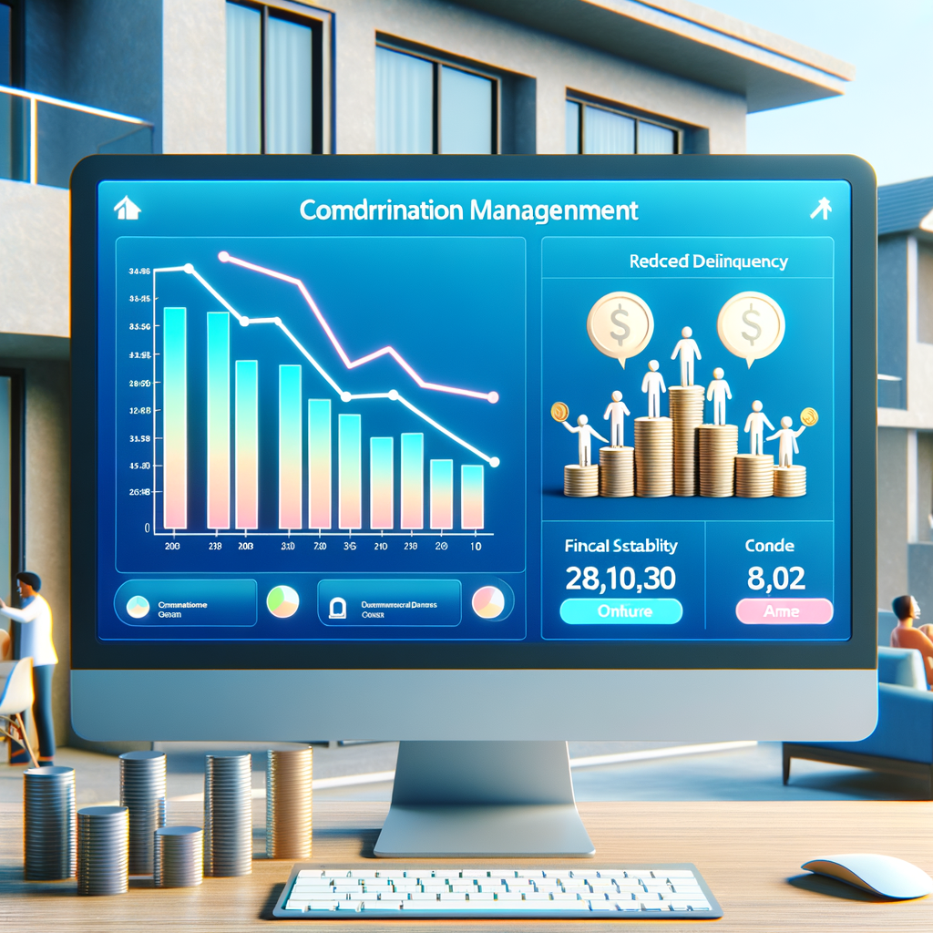 Create a digital illustration of a modern, sleek condominium management software dashboard displayed on a widescreen monitor. The dashboard shows vibrant charts with a clearly marked downwards curve demonstrating reduced delinquency. It also features small icons of elated residents and piles of coins to symbolize financial stability. Situate this, gently blurred, within a scene of a modern condo building where friendly neighbors are engaged in friendly conversation. Use a minimalist flat-design style with a clean, crisp blue-and-white color scheme to maintain a professional and polished look. Aim for a high resolution finish.