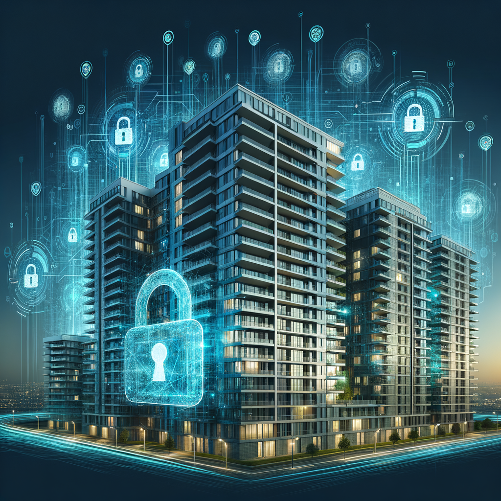 An ultra-modern condominium complex viewed from a slightly low angle at dusk. The building is overlaid with a semi-transparent glowing digital shield. Around the structure float stylized padlock icons, cascading streams of binary code, and abstract patterns that resemble network circuits. The image embraces a cool color palette of blues and teals, punctuated with subtle neon accents. The image is rendered in a clean vector-illustration style and embodies intricate details. A futuristic cybersecurity theme permeates this scene.