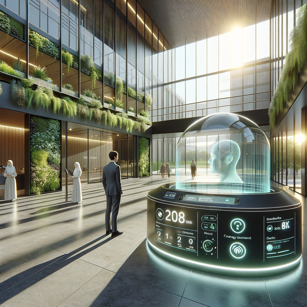 A hyper-realistic digital painting of a futuristic residential complex lobby bathed in natural sunlight, showcasing sleek glass walls and living green wall panels. To one side, an interactive holographic control panel emanates with real-time energy and water usage statistics. In proximity, an AI-controlled surveillance dome, highlighted by subtle facial recognition graphics, vigilantly monitors the area. A cordial holographic assistant avatar hovers above a shiny kiosk, aiding a Middle-Eastern male resident with check-in activities. The overall aesthetic is minimalistic and high-tech but welcoming, merging contemporary architecture with smooth smart-home technology.
