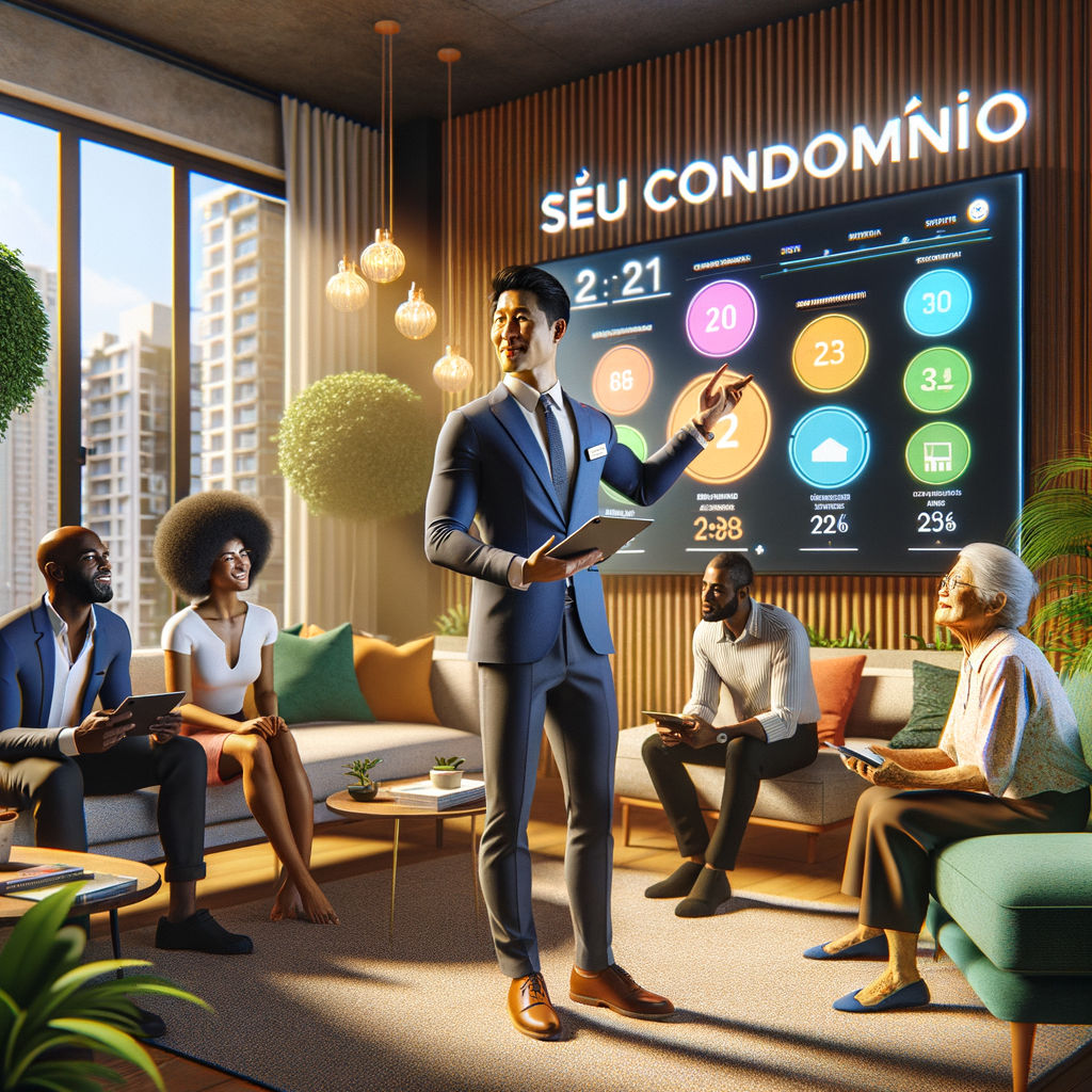 Create a vibrant, photorealistic depiction of a South Asian professional condominium manager, dressed in smart-casual attire, guiding a small group of residents—a Black male, a Hispanic female, and a Middle-Eastern elderly person—in a trendy, redesigned shared lounge. Visualize the manager gesturing towards a wall-mounted digital screen which projects vibrant GUT-style diagrams and straightforward financial charts. The residents are seen with tablets and clipboards, actively participating. The scene should be basked in warm natural light, accented with contemporary decor and green plants. A subtle 'Seu Condomínio' logo is on a modicum wall sign reinforcing ideas of clarity, collaboration, and tech-savvy management.