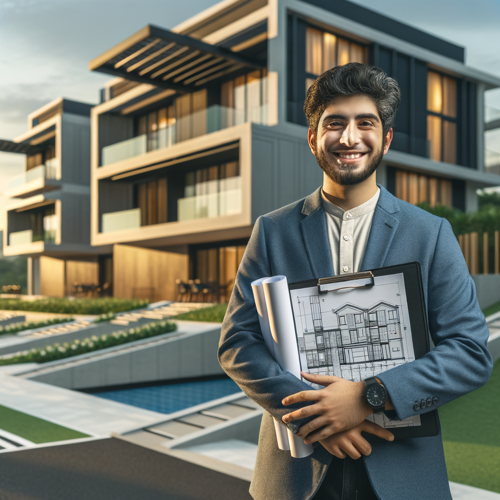A Middle-Eastern architect or engineer, smiling and holding blueprints featuring accessibility details, standing in front of a modern condominium with visible ramps and other adaptations. The scene is set under a clear sky, conveying professionalism, inclusiveness, and modernity. The accommodation is well-designed with sleek lines, large windows, and is surrounded by landscaped green spaces, highlighting the modern approach to architecture. The architect's proud and confident demeanor indicates an accomplishment in designing a building that values accessibility and inclusiveness.