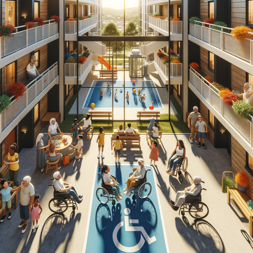 An aerial view of a sunny, well-kept condominium, showcasing accessible ramps, modern elevators, and adapted recreational areas. The residents, including disabled people of different descents like Hispanic, Middle-Eastern, Black and White, kids of Caucasian and South Asian descent, and elderly people of diverse descents, are interacting joyously in the communal areas. The image must convey the idea of an inclusive, welcoming, and cherished environment.