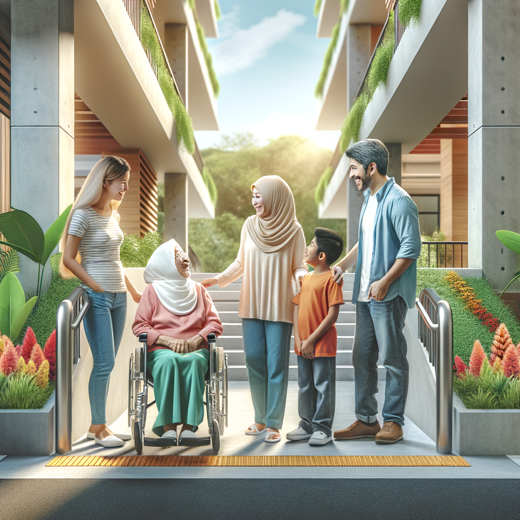 A bright and inviting photograph of the entrance to a modern and accessible condominium, with a gently sloping ramp adorned with vibrant plants. There are residents of different ages interacting joyfully. Among them, a Middle-Eastern elderly woman is having a lively conversation with a young Hispanic boy, while a South Asian man in his thirties is having a friendly chat with a Caucasian teenage girl. This image emphasizes inclusion and community harmony.
