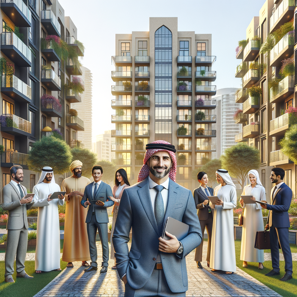 Generate a brilliantly vibrant, photorealistic image embodying an affable Middle-Eastern condominium manager, garbed in business-casual attire, standing amidst an outdoor garden courtyard. Surround him with a mixed group of jovial residents representing different descents such as Caucasian, Hispanic, Black and South Asian, engaging in conversation and holding modern gadgets like tablets or clipboards. Render a contemporary mid-rise building façade in the background, adorned with an inconspicuous sign displaying the logo 'Seu Condomínio'. The scene should embrace a warm morning sunlight illuminating the space, ensuring all colors appear natural and the composition retains its professional quality.