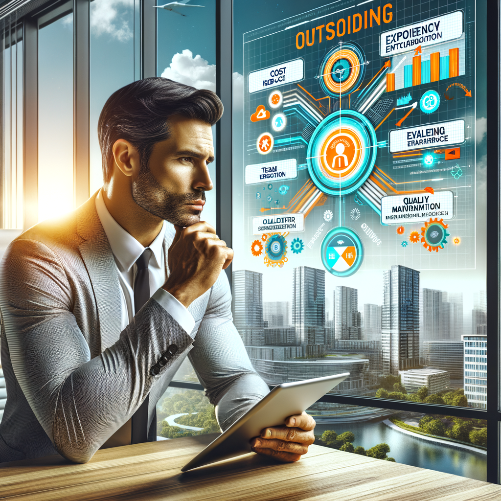 A contemporary condominium manager of Hispanic descent, sited in a bright office with a view of a bustling condominium. He is deep in contemplation about an important decision. Vibrant charts are displayed on one side, highlighting the possible benefits of outsourcing: cost reduction, efficiency, and expertise. On the other hand, challenges such as team integration and quality maintenance are depicted. In his hands, a tablet displays an intuitive interface of a condominium management software with flashing notifications about automated tasks and detailed reports, symbolising the power of technology in optimising administration and facilitating strategic decision-making. The room emanates both professionalism and innovation reflecting the complexity and opportunities of modern condominium management.