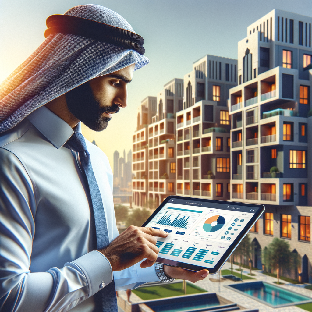 Create a modern and professional image that illustrates a Middle-Eastern building manager using a management application on a tablet, showcasing clear and organized charts and data from an apartment complex. In the background, a modern and well-maintained apartment complex. Use vibrant colours that inspire confidence and efficiency.