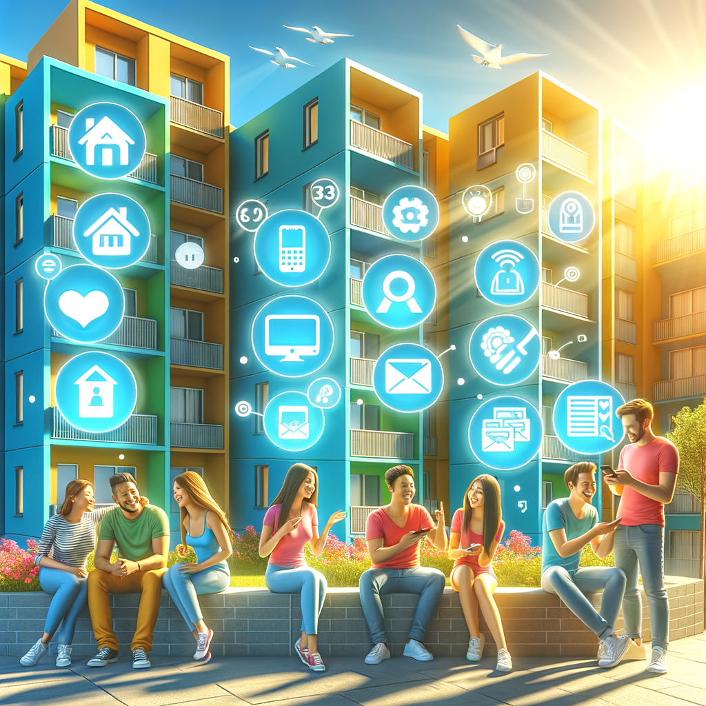 A vivid and contemporary apartment complex bathed in sunshine. Several residents of divergent descents and genders, are cheerfully interacting, certain individuals are holding smartphones. Their screens are displaying a simple-to-use condominium management app with icons for payments, communication, and maintenance requests. The impression of the scene suggests community, order, effectiveness, and emphasizes the simplicity and convenience of the application. The aesthetics fall into a realistic category but are embellished by a hint of optimism and vibrancy. Such a scenario concentrates on clear visuals and a welcoming ambiance.