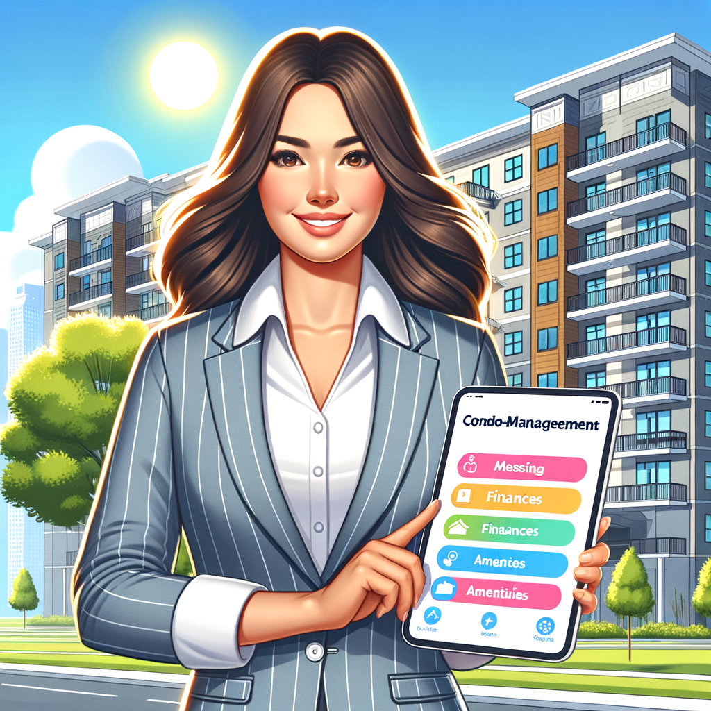 Create a clean, vibrant digital illustration of a friendly Hispanic female condominium manager in business-casual attire standing confidently in front of a sleek modern apartment building under a bright sky. She holds a tablet that displays an intuitive condo-management app interface with bold icons for messaging, finances, maintenance requests, and amenities booking. The image is rendered in a high-resolution vector style with clear lines and bold colors, projecting a professional and welcoming atmosphere.