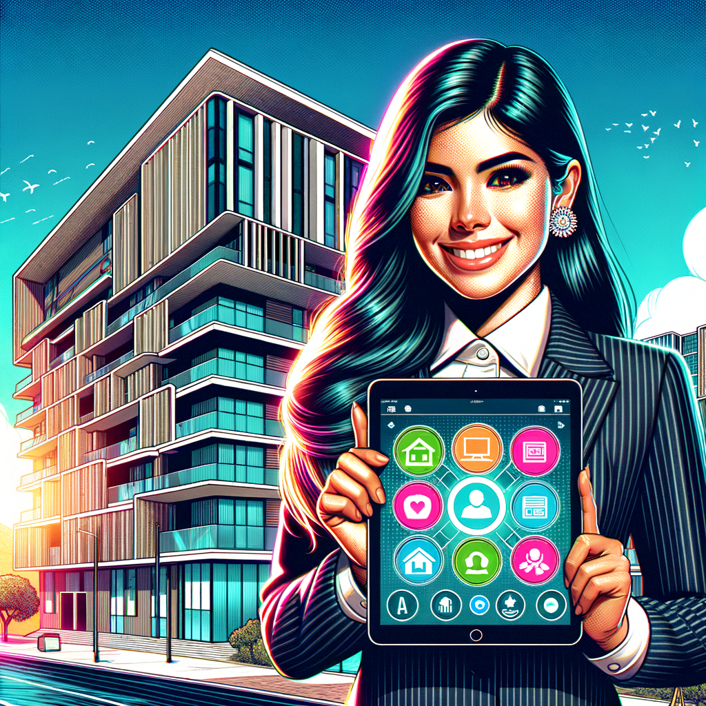 Create a digital illustration displaying a Mexican female condominium manager with a beaming smile, standing in front of a sleek, modern apartment building under a bright blue sky. She is holding a tablet showcasing a user-friendly condo management app interface, ultradetailed and high-resolution, featuring colorful icons representing various functions such as communication, finances, and bookings. The style should reflect a contemporary graphic design, showcasing the vibrancy and detail of modern art.