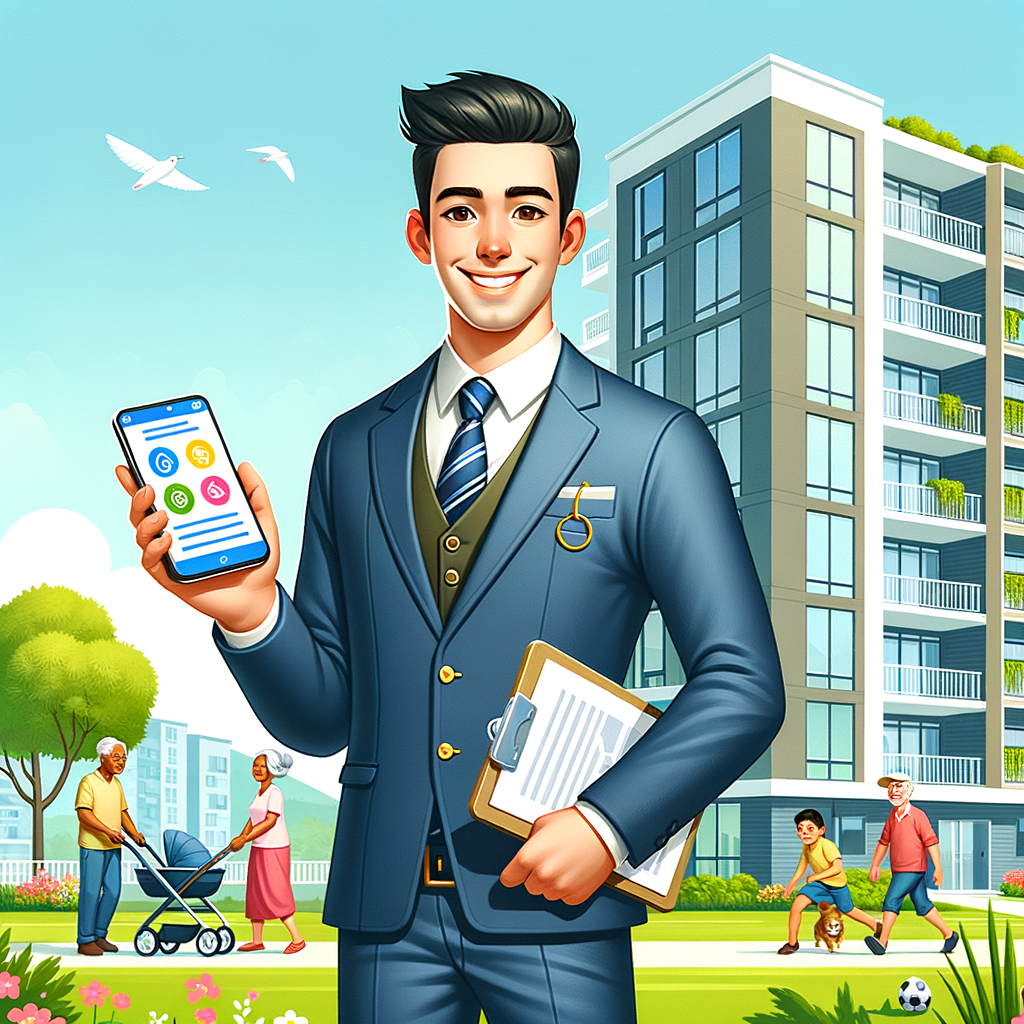 Illustrate a cheerful condominium manager, a Caucasian man dressed in business-casual attire, with a smartphone in his hand that displays a vibrant and intuitive condo management app interface. He's standing proudly in front of a sleek, modern apartment complex that has landscaped greenery. In the background, residents interact casually; an African lady pushing a stroller, an elderly Asian couple walking their dog, and a Hispanic lad playing with a soccer ball, to add a sense of community. Create this as a high-resolution digital illustration with bright, welcoming colors in a clean, contemporary style.