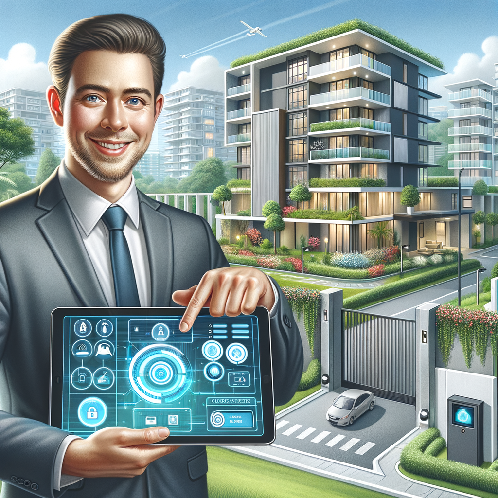 Compose a digital illustration of a joyful condo manager of Caucasian descent, holding a sophisticated tablet showing an interactive condo-management dashboard with diagrams, alerts, and access controls. Behind him, depict a well-kept modern residential complex equipped with automated entrance gates, intelligent lighting, and lush green landscaping. The scene should be painted with a vivid and clean color scheme, primarily comprised of whites, light blues, and greens. The aesthetic should be a blend of realism and stylization, intending to convey notions of efficiency, security, and environmental sustainability.