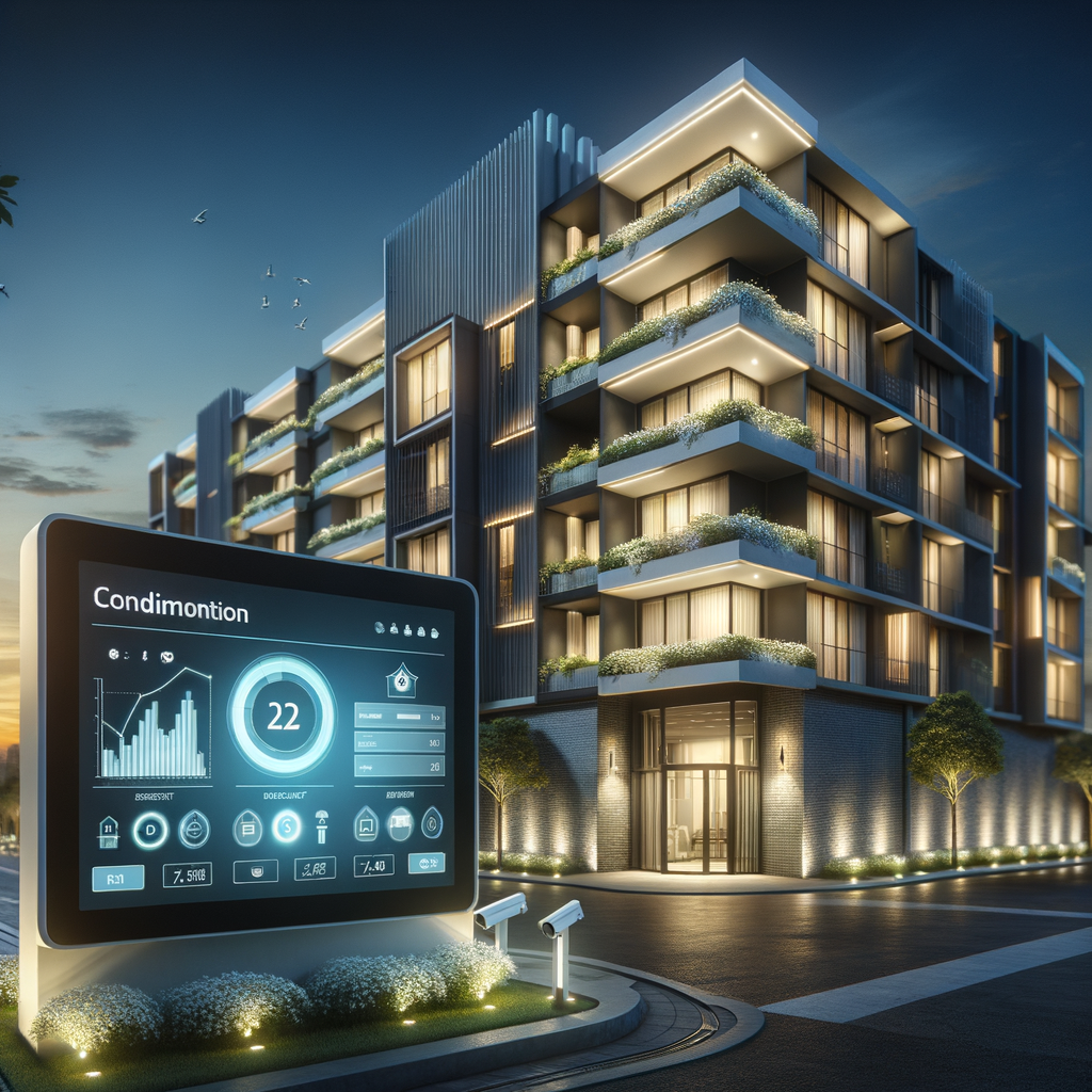 An elegant and modern condominium at dusk, with smart lighting enhancing the architecture. At the entrance, a touchscreen panel displays a condominium management application with graphs and data concerning energy consumption and security. Discreet security cameras are strategically positioned. The image must convey a sense of modernity, security, efficiency, and practicality. Predominant colors: shades of blue, gray, and white, with touches of green (plants) to communicate sustainability. The style of the image should be realistic, with high resolution and sharp details, focusing mainly on the technology integrated into the residential environment.