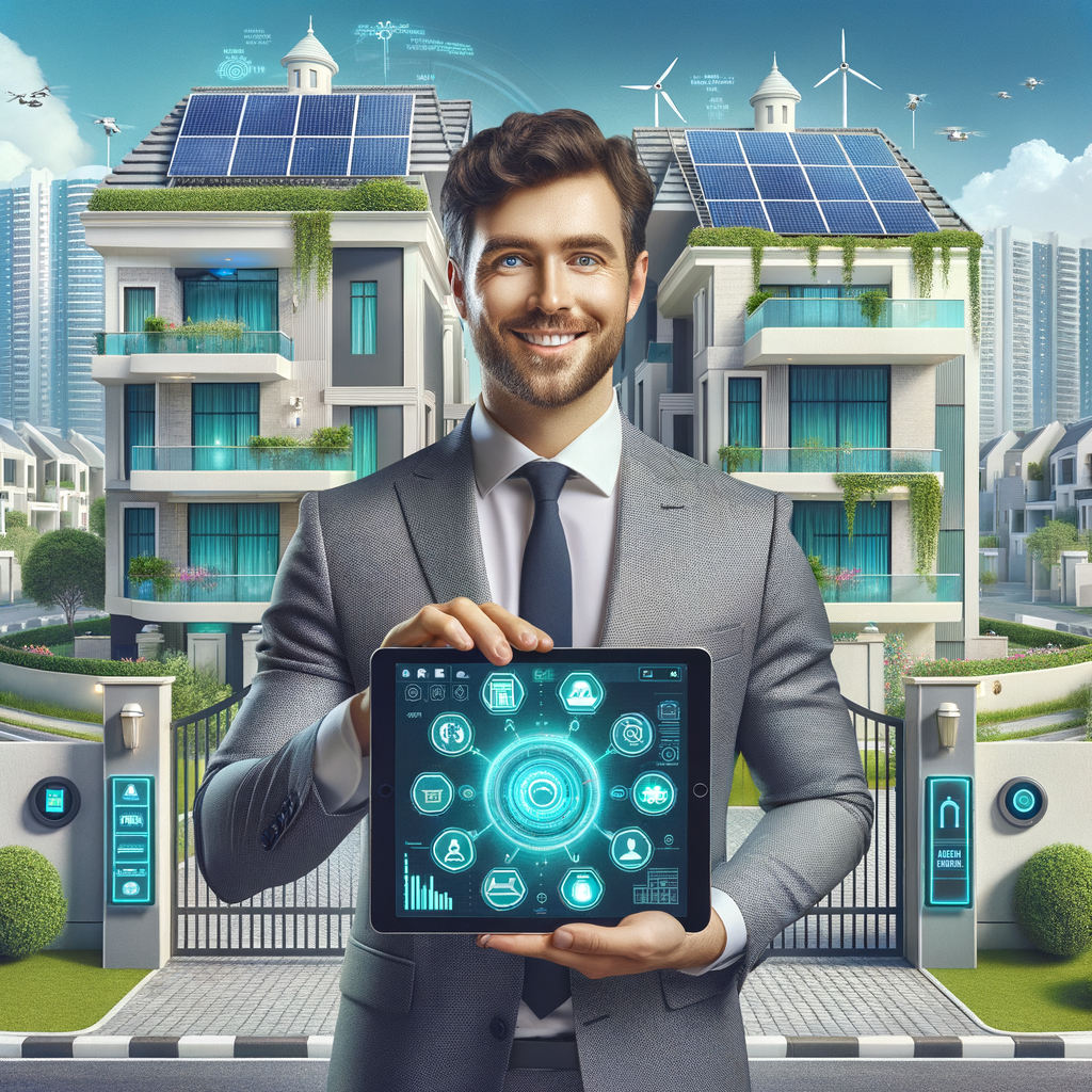 Construct a high-resolution digital image of a cheerful condominium manager of Middle Eastern descent, garbed in business-casual attire, holding an elegant tablet portraying an intuitive condo-management dashboard, complete with charts, notifications, and access controls. Behind them, represent a modern gated residential complex embellished with solar panels on the rooftops, smart lighting fixtures, surveillance cameras, automated entry gates, and lush greenery. Employ a vibrant color scheme primarily using shades of whites, light blues, and greens. Opt for a realistic yet subtly stylized art style to evoke feelings of efficiency, security, and sustainability.