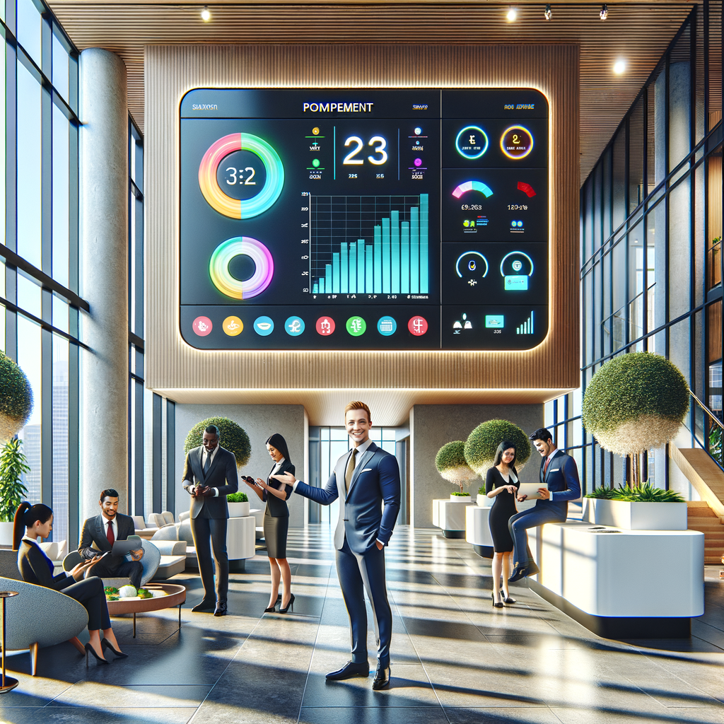 A brightly lit, contemporary condominium lobby featuring a large touchscreen dashboard mounted on the wall, exhibiting vibrant management charts and various notifications. In the foreground, a cheerful Caucasian male property manager indicates the screen, while a small assembly of residents including a Black female, a Middle-Eastern male, and a South Asian female interact with a smartphone application. The setting includes streamlined desks, potted greenery, and cozy seating arrangements for a mix of professionalism and warmth. Gentle, natural light is pouring through tall windows stretching from floor to ceiling. The image should be produced in a high-resolution realistic style, emphasizing neat lines and bright hues to suggest efficiency and contentment.