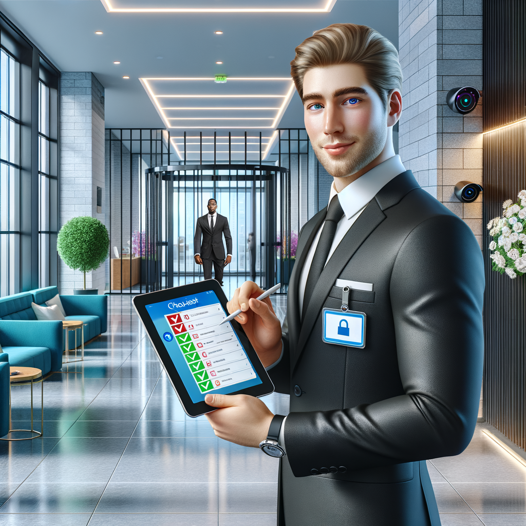 Create a photorealistic digital painting of a modern condominium lobby: a professional Caucasian male property manager in a bright, sleek entrance hall is holding a slim tablet that displays a colorful digital checklist interface. Behind him, there is a secure electronic gate, surveillance cameras, and comfortable seating areas bathed in natural light from large windows. A second property manager, a Black female, is walking towards him from across the hall. The scene conveys organization, efficiency and cutting-edge technology, with clean lines, vibrant but natural colors, and a crisp, professional atmosphere.