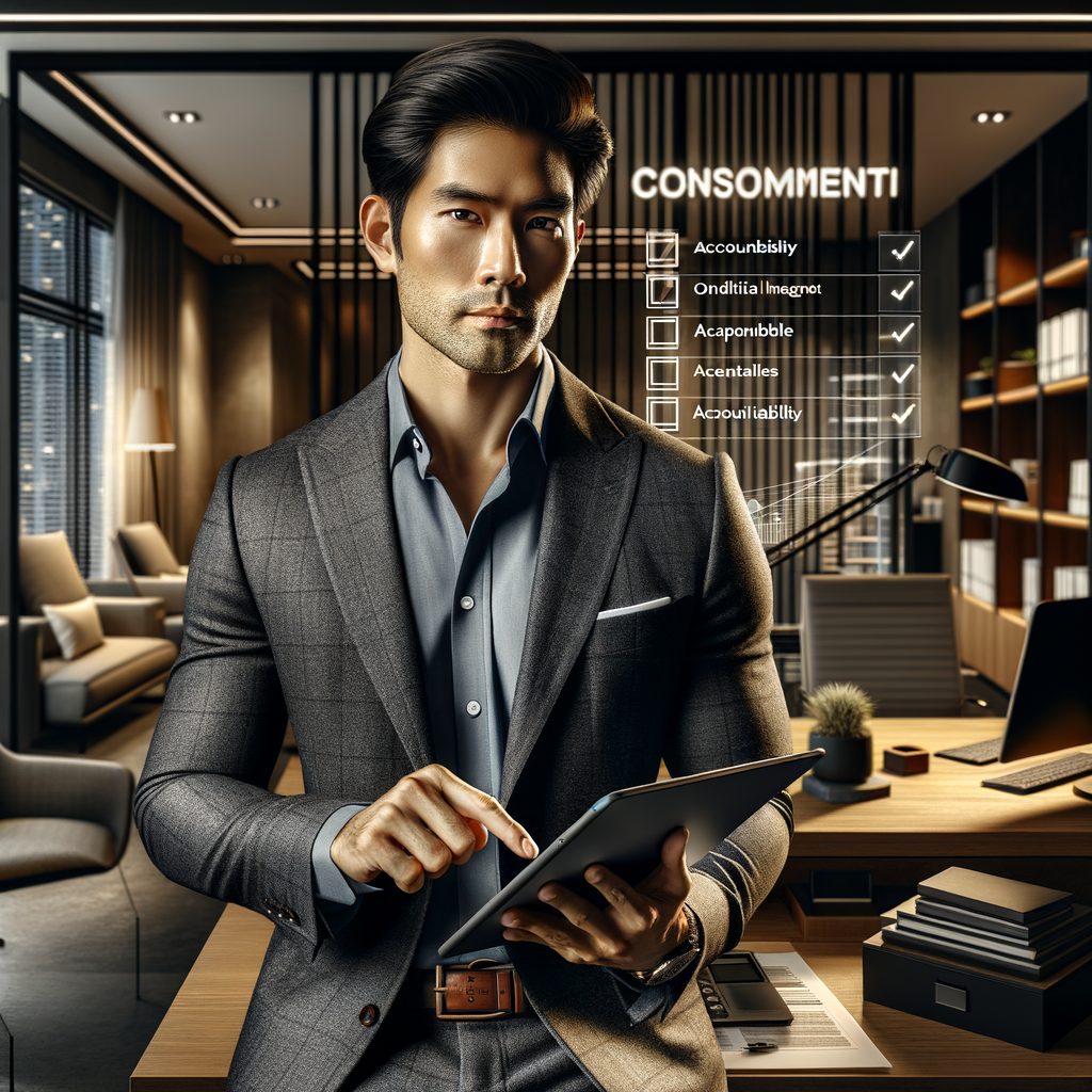 An expertly taken photograph featuring a sophisticated and orderly modern condominium environment. A South Asian male condominium manager in his 30s, dressed in stylish casual gear, confidently manipulating a tablet, is the main focal point. The screen of the tablet displays a succinct and well-ordered digital checklist related to accountability and financial management. The backdrop includes a sleek and contemporary office space within the condominium, subtly implying efficiency and openness. The picture's overall lighting is warm and welcoming, promoting a feeling of trust and proficiency. The composition should be well-balanced, steering the viewer's attention toward the tablet screen and the manager's concentrated look.