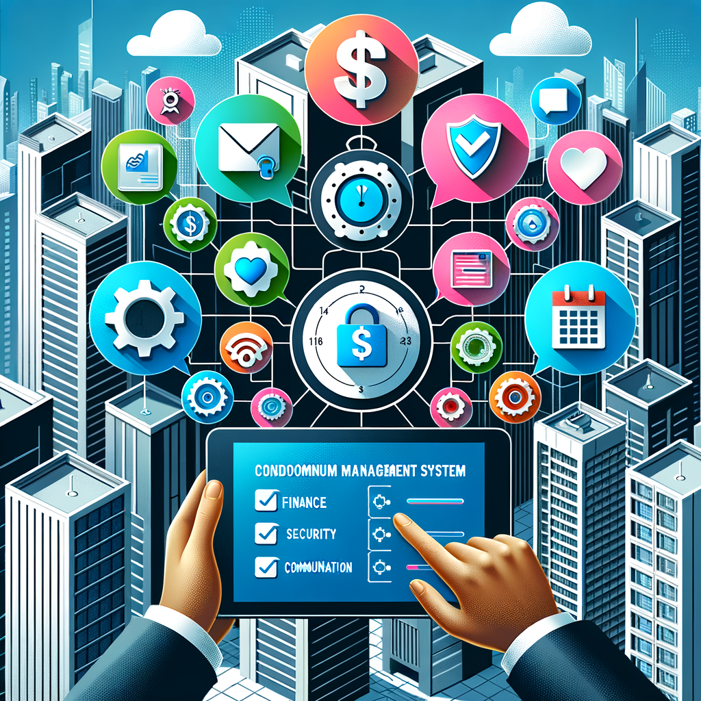 Generate a high-resolution digital illustration portraying an overhead viewpoint of a sleek tablet screen. The screen displays a 'Condominium Management System' checklist. Around the tablet, there are floating colorful flat-style icons which symbolize various aspects of management: finance with a dollar sign, communication expressed through speech bubbles, security shown by a shield lock, scheduling by a calendar, and integration represented by gears. The setting for this image is a modern high-rise city skyline subtly presented in the background. Use clean lines and bright tech-inspired colors to emphasise the contemporary setting and subject matter.