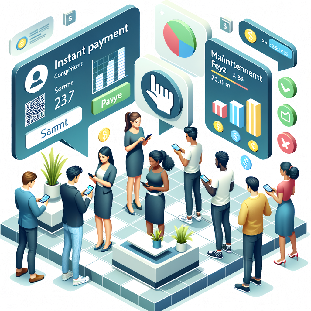 Isometric illustration of a stylish, advanced condominium lobby. Multiple residents of varying descents such as Caucasian, Middle-Eastern, and South Asian, of different genders are using a smartphone app to conduct instant payment of their maintenance fees. Visible above each device are hovering semi-transparent user interface panels displaying payment confirmation, pie charts, and QR codes. A cordial building manager, who is a Black woman, stands near a digital display projecting real-time financial graphs. Use a bright, clean color palette to reflect the freshness and contemporary vector style to reflect the modernity of the scene.