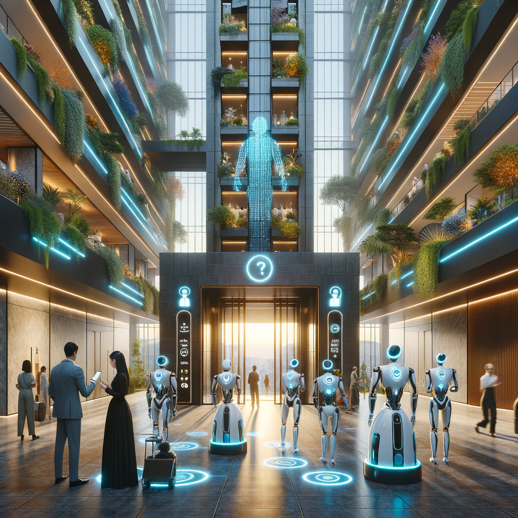 Visualize a meticulously detailed digital art scene of a futuristic condominium lobby and its exterior: Imagine a sleek, high-rise building constructed with a fusion of glass and steel, embellished with vertical gardens teeming with greenery. Autonomous maintenance robots, in hues of silver and metallic blue, actively perform repairs on elevators and lighting fixtures within the building. AI security cameras, with glowing blue overlays, scan faces of the residents, ensuring their security. Residents, a blend of Hispanic, Asian, White, Black, and Middle-Eastern individuals, talk to and tap on their smartphones, accessing floating holographic virtual assistants. The scene is touched with vibrant neon accents and bathed in soft natural lighting, exuding an ultra-modern, clean, and high-tech aesthetic.