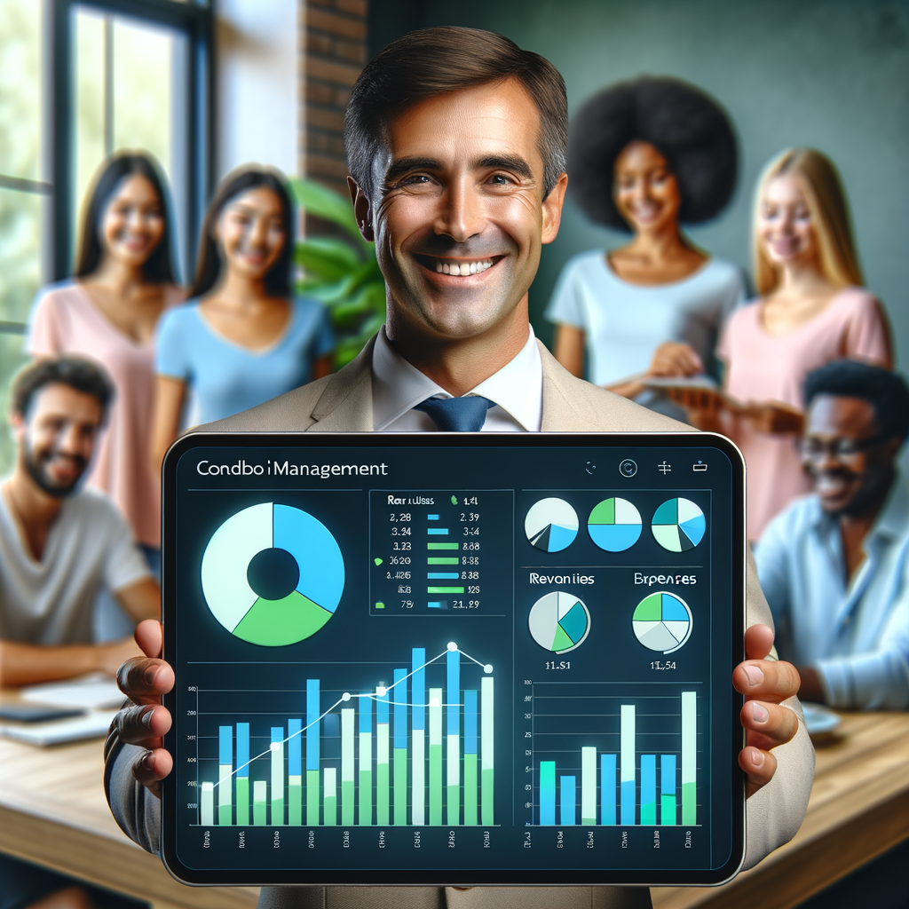 Create a high-resolution digital illustration of a clean, minimalistic condominium management dashboard being displayed on a large screen or tablet. The dashboard exhibits softly-graded blues and greens with a variety of vibrant bar graphs, pie charts, and line graphs that focus on the revenues and expenses inherent to the condo management. In a subtly blurred background, depict a lively scene of condo residents including, but not limited to, a Caucasian woman, a Hispanic man, a Black woman, a Middle-Eastern man, and a South Asian woman, all sharing smiles and engaging in friendly interactions. Also present is a truly dedicated manager, who could be a white man, thoroughly enjoying the natural dynamic of the community he oversees.