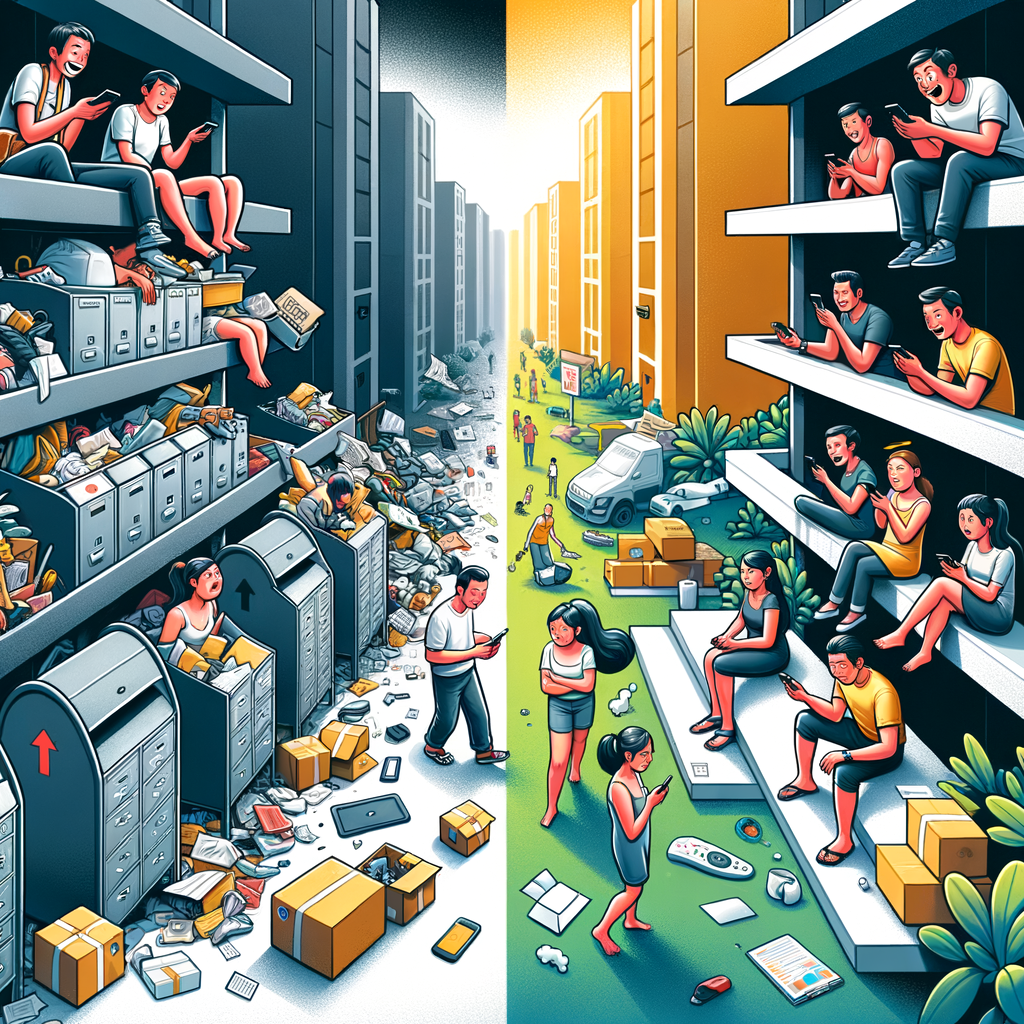 A split-screen illustration: on the left side, a chaotic condominium complex with features like overflowing metal mailboxes, frustrated residents of diverse descents and genders showing expressions of stress, and miscellaneous items scattered in its vicinity, suggesting a sense of disarray. On the right side, depict a sleek, modern condominium complex. Inhabitants are a mix of happy men and women of various descents, busy on their mobile devices with satisfied expressions. Scene also includes clear, well-placed communication boards and pristine, functional amenities like a swimming pool or a gym. The image exudes the sense of harmonious living made possible by a condo management app. Use a vibrant and contrasting art style to differentiate these two scenes, emphasizing the transformation from chaos to order.