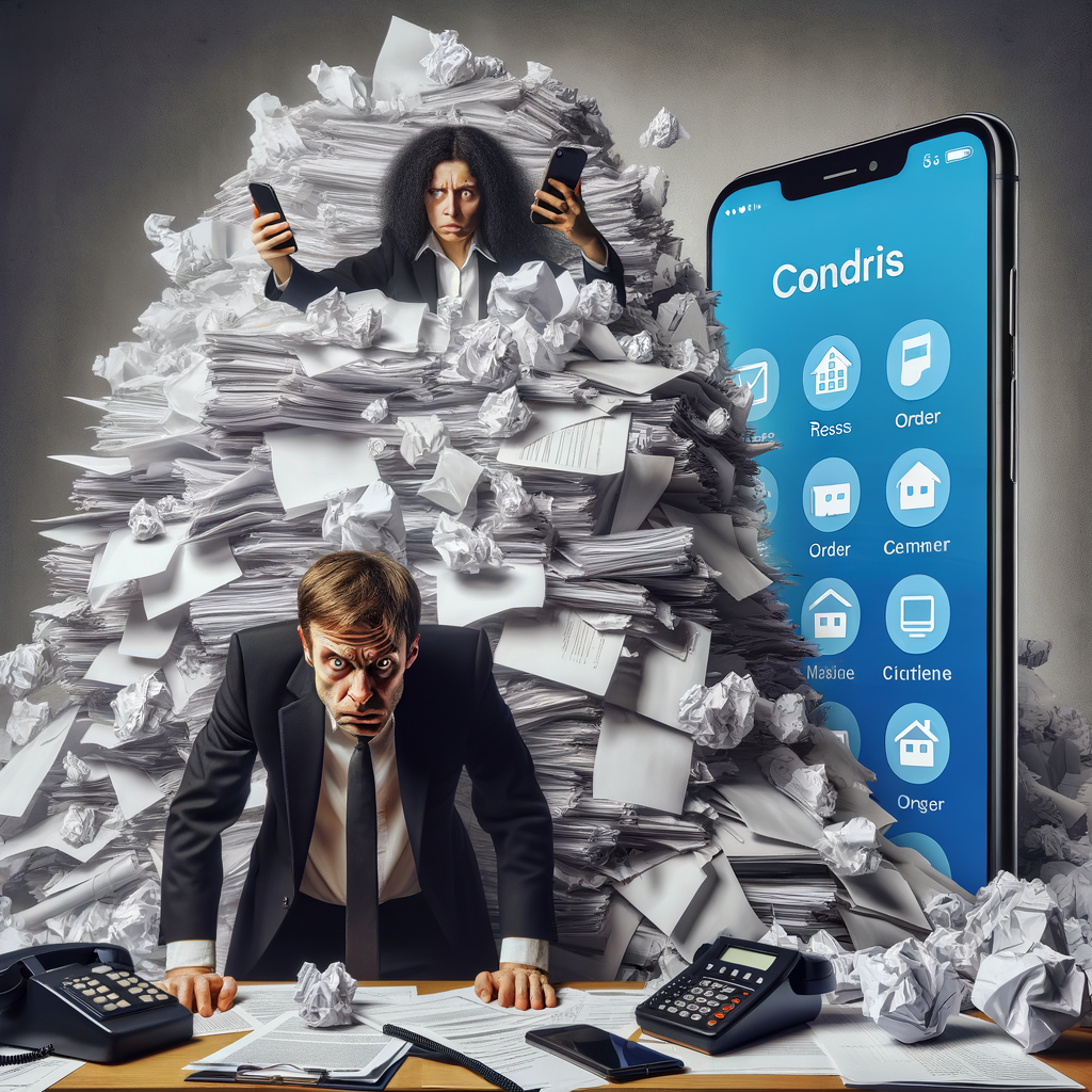 A frazzled Caucasian male property manager is swamped by towering piles of documents, incessantly ringing phones, and bulging email inboxes, symbolizing chaos and stress. Simultaneously, a brightly illuminated smartphone screen, held by a Black female co-worker, exhibits a user-friendly interface for a condo management application, indicating order and efficiency. The clarity and structure of the app interface stand in stark contrast to their messy surroundings. This image could suggest the convenience and neatness that modern technology brings to property management. The visual style should be minimalistic and contemporary, emphasizing the dichotomy between disorder and tranquility.