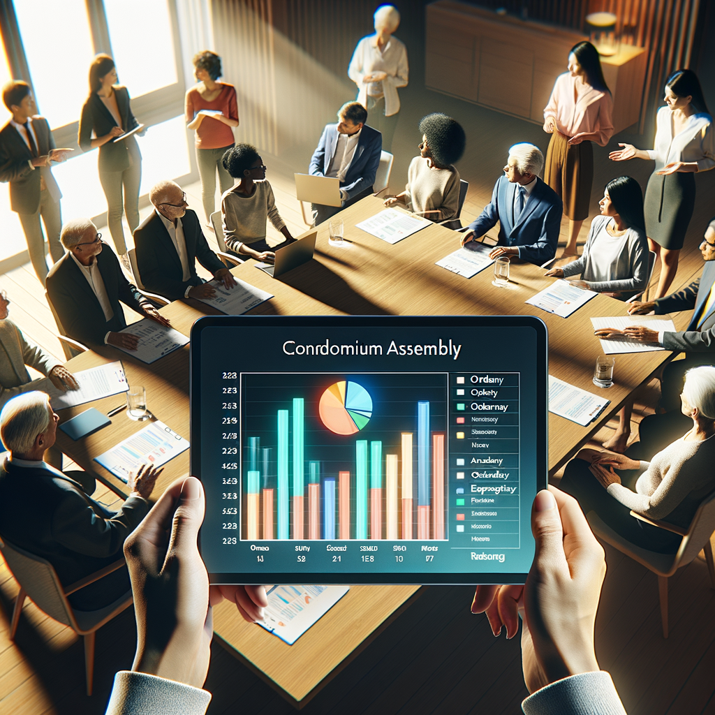 A condominium assembly in progress, with residents of diverse descents sitting around a modern table. A tablet is displayed on the table, showing a colorful graph that illustrates the condominium's finances, highlighting the ordinary and extraordinary expenses. The atmosphere is collaborative and transparent, with some residents gesturing and discussing in a friendly way. The lighting is clear and professional. The focus is on the tablet's technology and the active participation of the residents in the financial management of the condominium. The overall tone is organized, transparent, and engaging.
