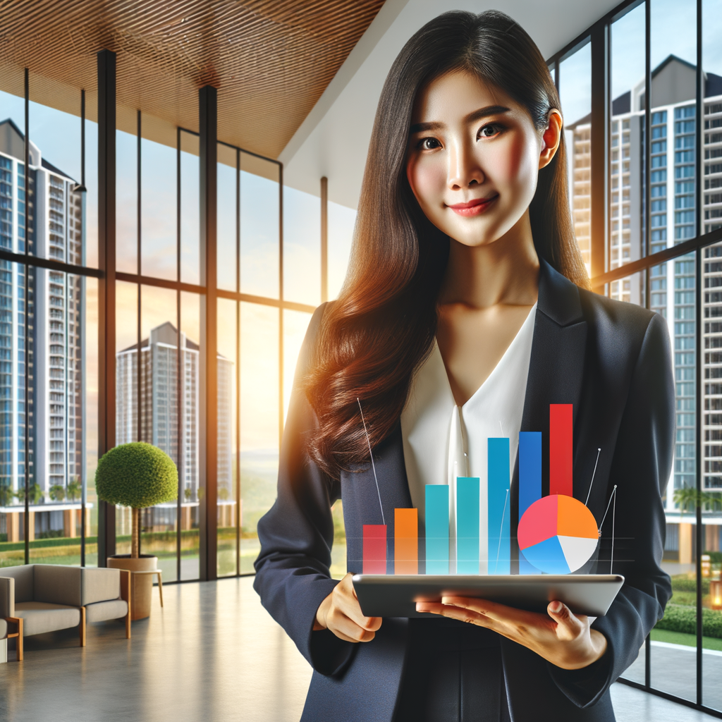 An Asian female professional condominium manager dressed in business-casual attire stands confidently in a bright, modern office lobby. She holds a sleek tablet displaying vibrant rising bar charts and pie graphs. The large floor-to-ceiling windows behind her reveal a view of a contemporary, well-maintained residential tower. The image should incorporate vivid colors and optimistic warm lighting, along with clean lines indicative of a polished digital illustration style.