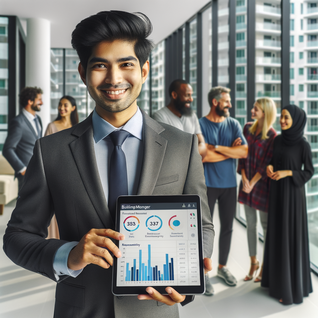 A South Asian building manager, well-dressed and smiling, standing in a modern and brightly lit condominium environment. He's using a tablet displaying a comprehensive, intuitive financial dashboard with graphs and tables showing the clear split between regular and extraordinary expenses. In the background, there are residents of various descents, including Caucasian, Hispanic, Black, Middle-Eastern, and White, who are smiling and interacting in a friendly manner, portraying a collaborative and transparent atmosphere. The image's focus is on technology (the tablet), financial management transparency (the graphs) and the collaboration between the manager and residents. The image's overall tone is positive, modern, and efficient.
