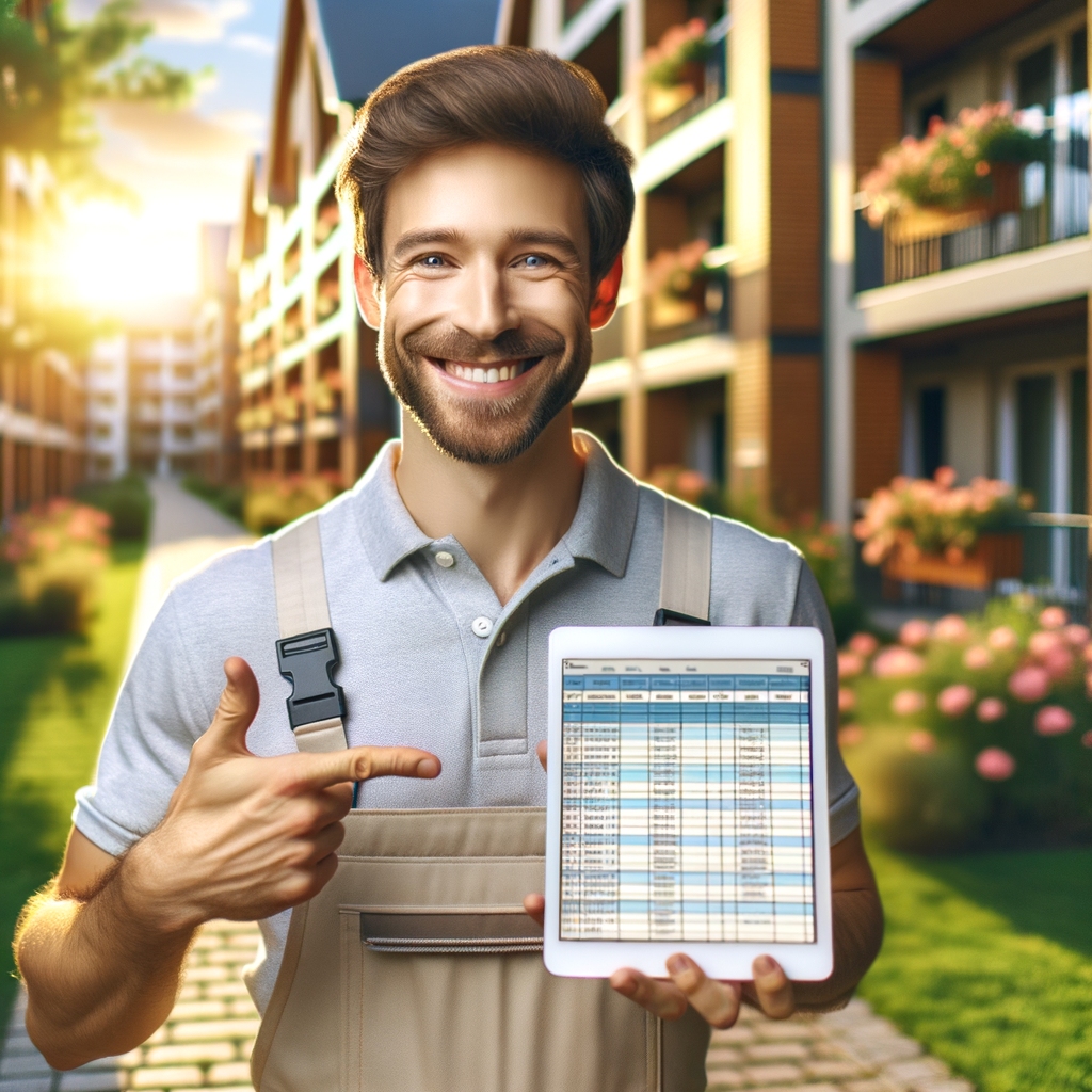 A Caucasian male building manager, smiling and pointing at a tablet displaying a detailed and organized schedule. The background shows a well-maintained apartment complex, with blooming gardens and soft sunlight. The focus should be on the manager's expression of satisfaction and the clarity of the schedule displayed on the tablet, symbolizing efficient condominium management. Vibrant and cheerful colors.