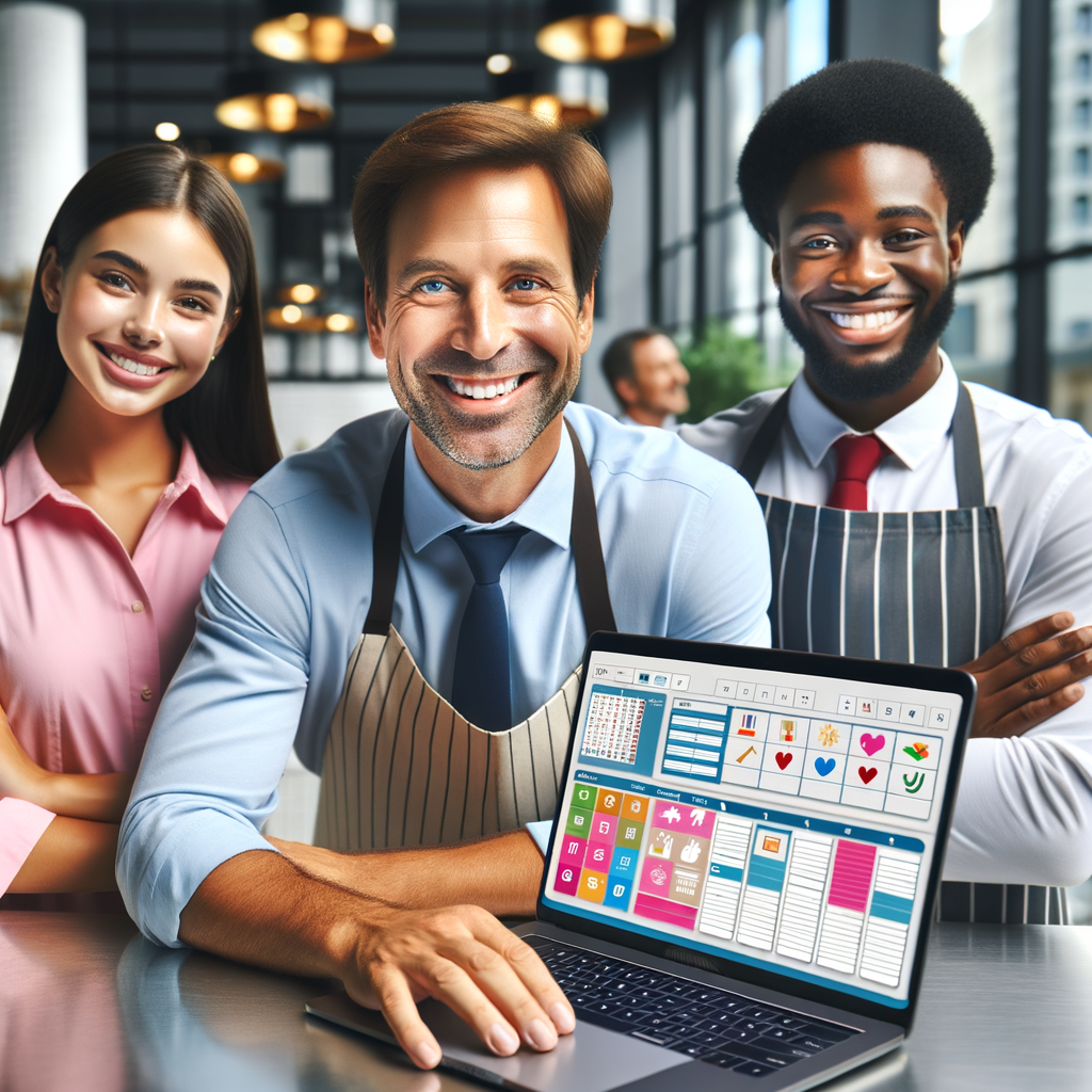 A building manager with a friendly expression and a smile on his face is working on a laptop that displays a visually appealing, well-organized schedule. Hispanic female and Black male staff members surrounding him show signs of satisfaction and cooperation, as if they are working together to follow the schedule. The environment should be modern, brightly lit, and convey a sense of organization, efficiency, and teamwork. The colors should be bright and cheerful.