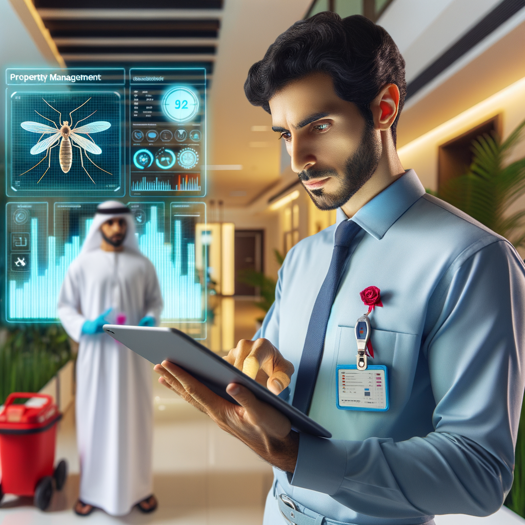 This image presents a Middle Eastern superintendent carrying out an inspection of the common areas in a residential building, focusing on dengue prevention. He uses a tablet displaying a property management app, which shows graphs and data on mosquito breeding sites. The setting is brightly lit and modern, with colors that convey a sense of care and technology. Details such as healthy plants, cleaning equipment, and the superintendent's attentive expression are visible, reinforcing the message of a safe, well-managed residence.