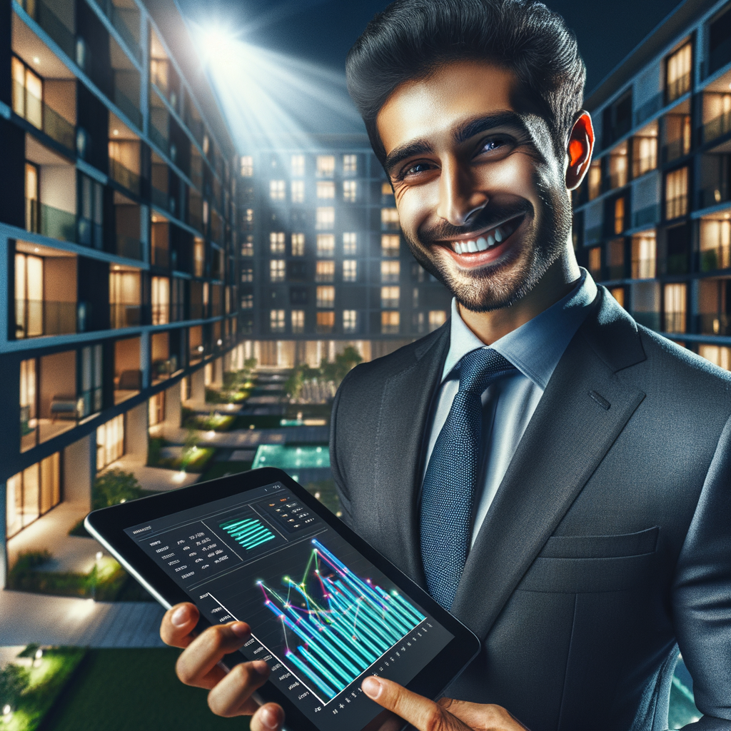 A Middle-Eastern male condominium manager is sporting a big smile while using a tablet to assess a detailed financial graph, in a modernly-designed condominium environment. He is wearing a tailored suit, giving off an aura of professionalism and trustworthiness. The condominium in the backdrop is modern and well-maintained, with patches of green areas noticeable. The illumination is bright and business-like, spotlighting on the technology of the tablet and the lucid management of the finances. The graph on the tablet displays vibrant bars indicating income and expenses, emphasising on the financial balance. The overall tone of the image is upbeat and hopeful, reflecting the efficacy of modern condominium management.
